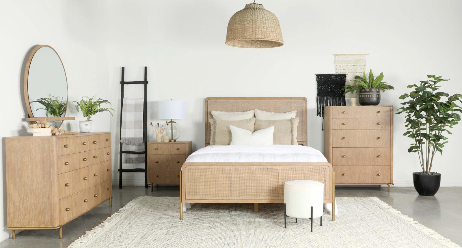 Arini Upholstered Eastern King Panel Bed Sand Wash/Natural Cane - 224300KE - Bien Home Furniture & Electronics