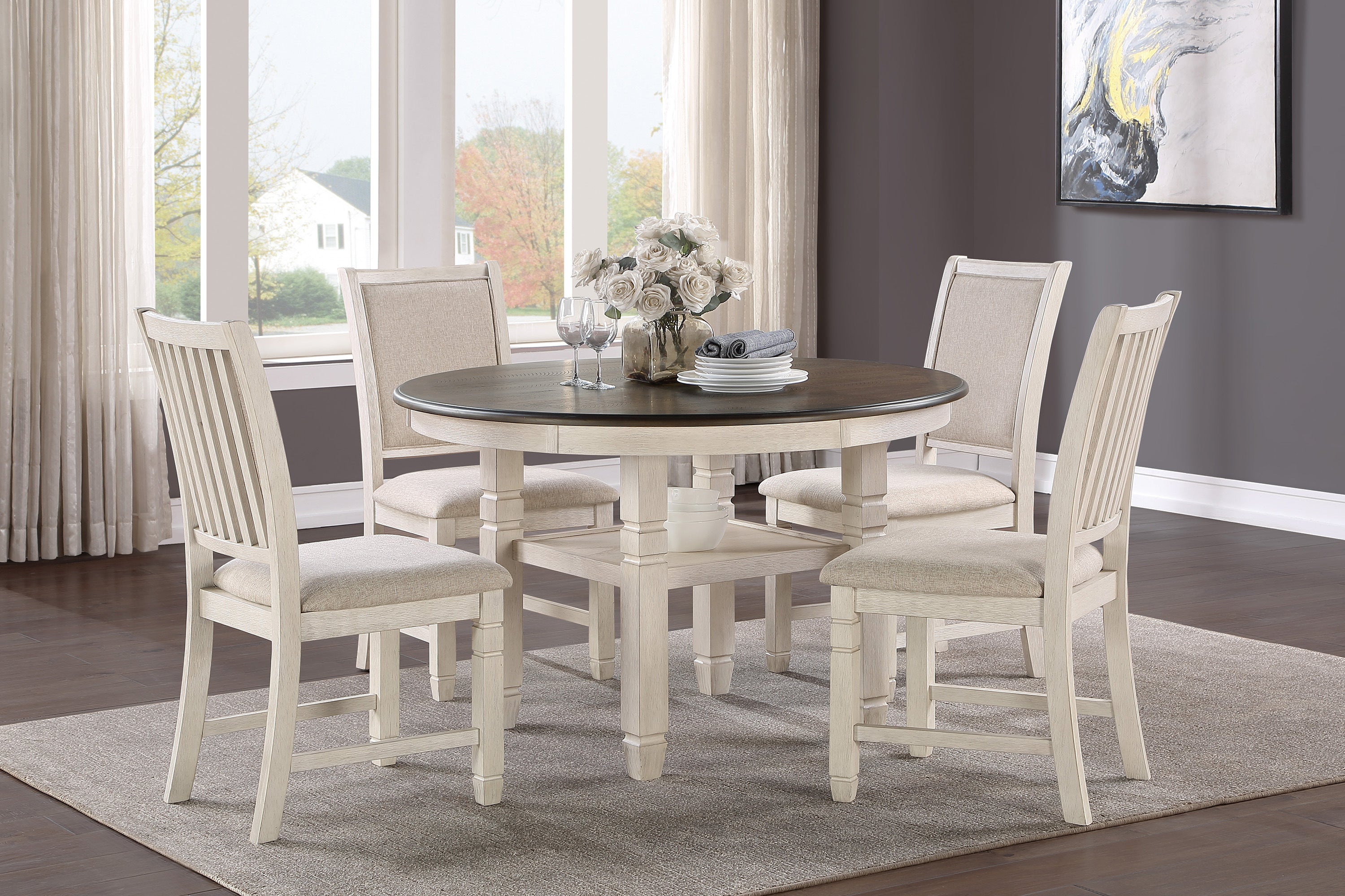 Asher Antique White/Brown Round Dining Table - 5800WH-48RD - Bien Home Furniture &amp; Electronics