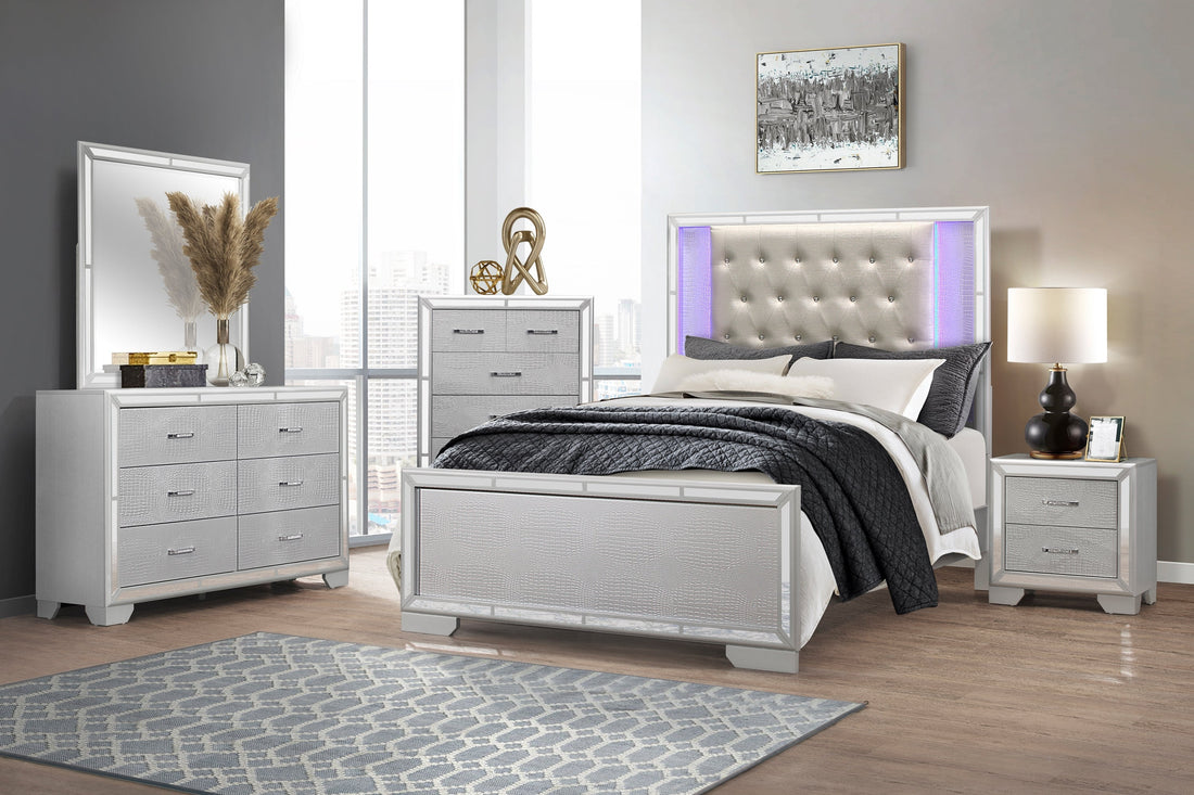 Aveline Silver Queen LED Upholstered Panel Bed - SET | 1428SV-1 | 1428SV-2 | 1428SV-3 - Bien Home Furniture &amp; Electronics