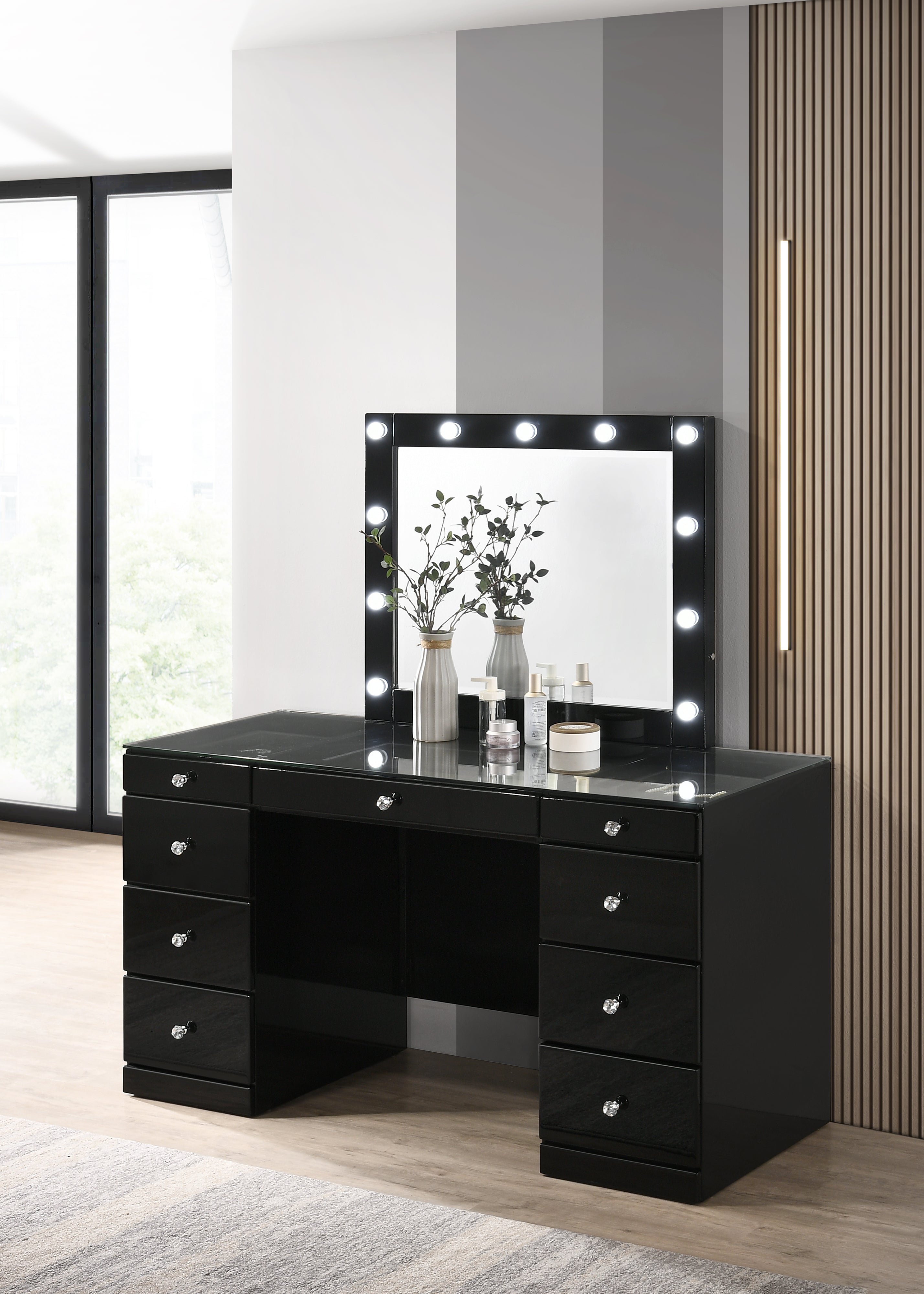 Avery Black Makeup Vanity Set with Lighted Mirror - SET | B4850BK-91-TOP | B4850BK-91-BASE | B4850BK-91-11 - Bien Home Furniture &amp; Electronics