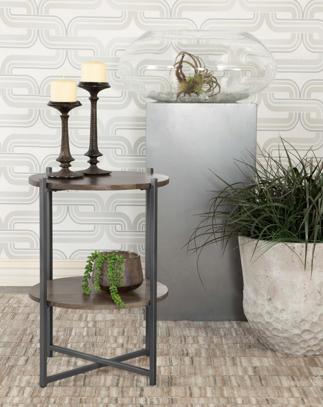 Axel Natural/Gunmetal Round Accent Table with Open Shelf - 935993 - Bien Home Furniture & Electronics