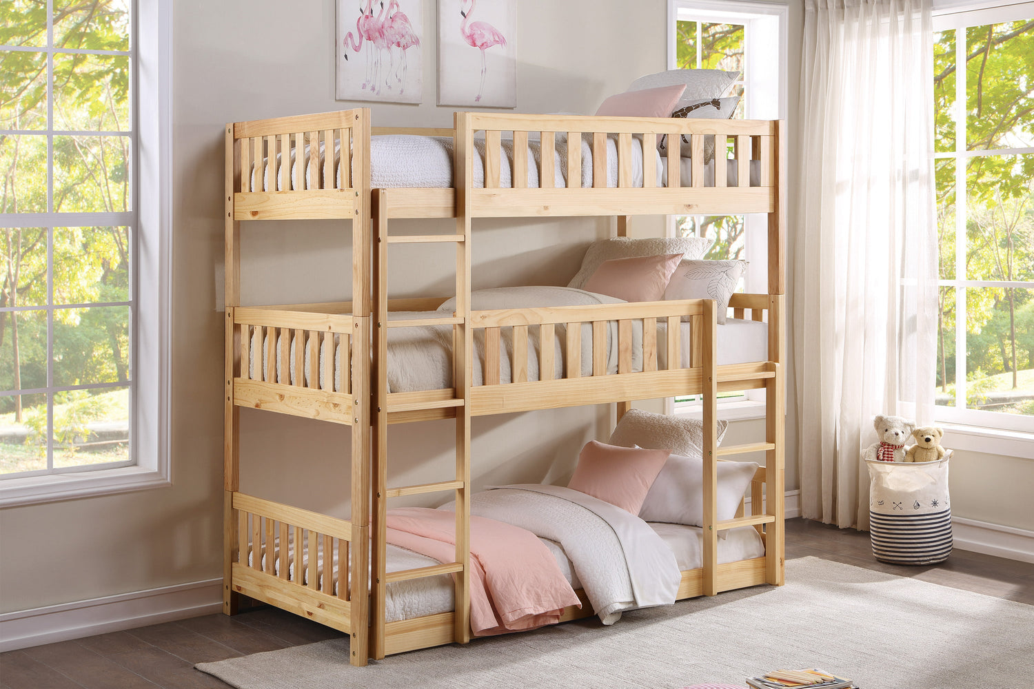 Bartly Pine Triple Bunk Bed - SET | B2043TTT-1 | B2043TTT-2 | B2043TTT-SL - Bien Home Furniture & Electronics
