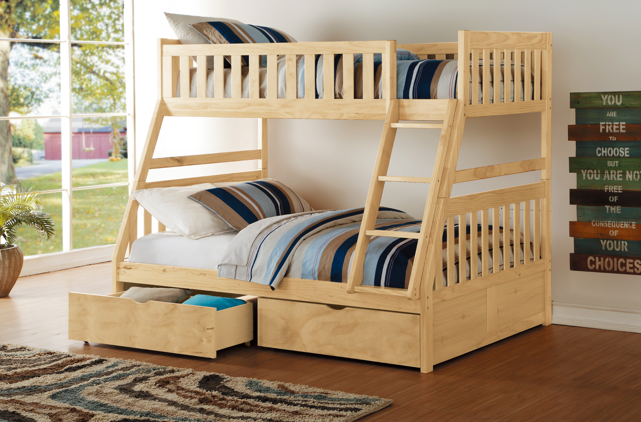 Bartly Pine Twin/Full Bunk Bed with Storage Boxes - SET | B2043TF-1 | B2043TF-2 | B2043TF-SL | B2043-T - Bien Home Furniture &amp; Electronics