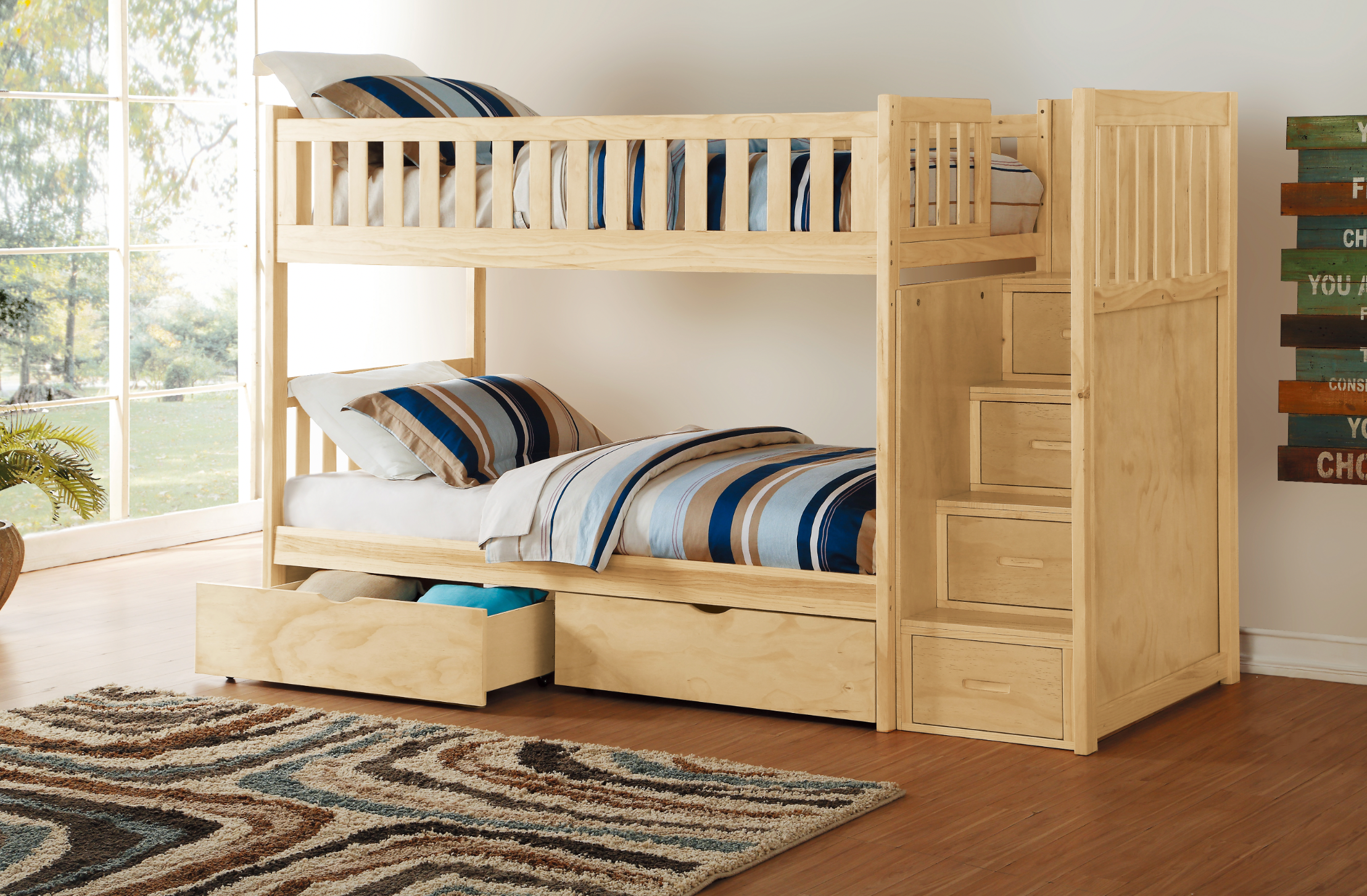 Bartly Pine Twin/Twin Step Bunk Bed with Storage Boxes - SET | B2043SB-1 | B2043SB-2 | B2043SB-3 | B2043SB-SL | B2043-T - Bien Home Furniture &amp; Electronics