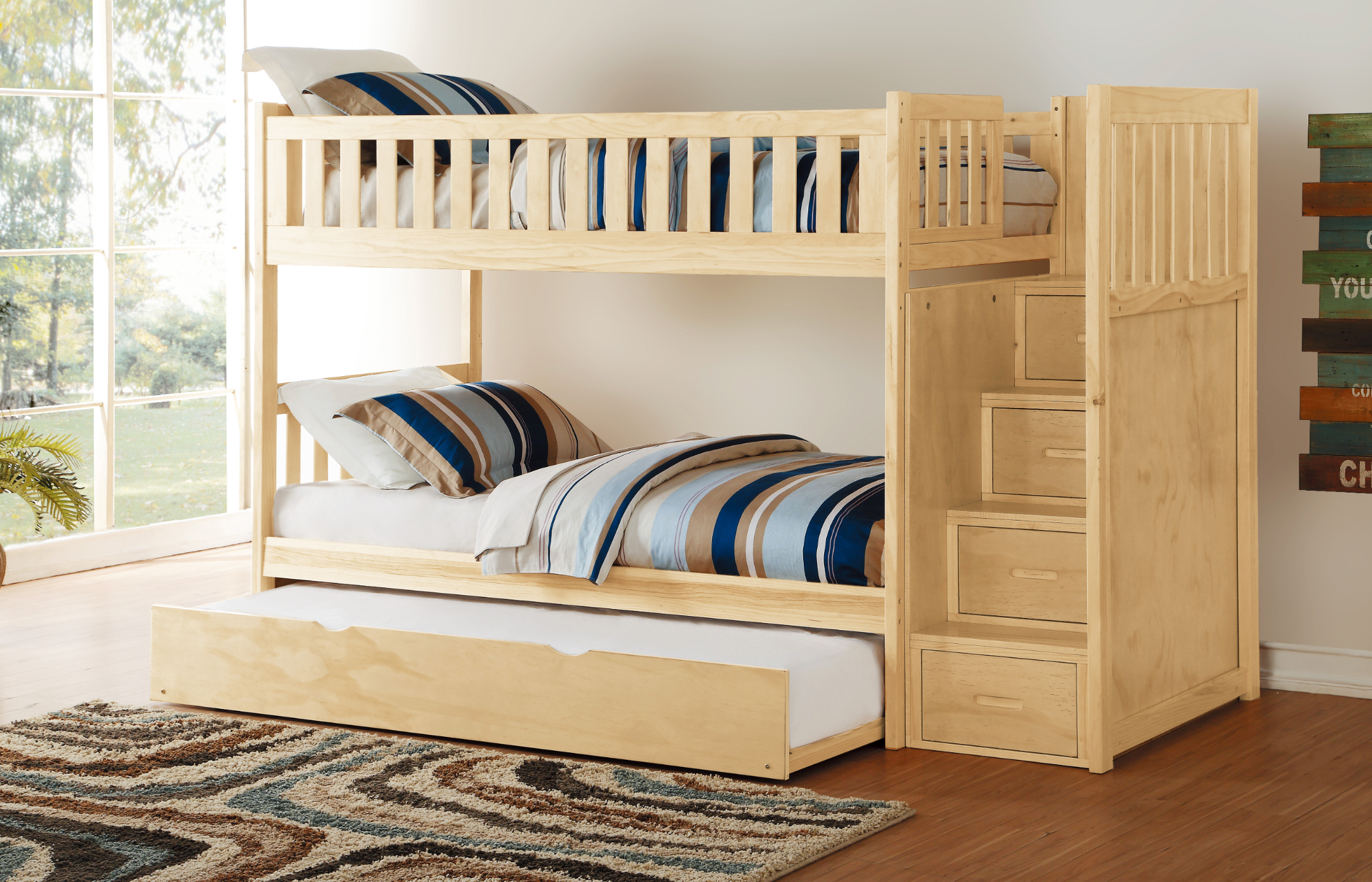 Bartly Pine Twin/Twin Step Bunk Bed with Twin Trundle - SET | B2043SB-1 | B2043SB-2 | B2043SB-3 | B2043SB-SL | B2043-R - Bien Home Furniture &amp; Electronics