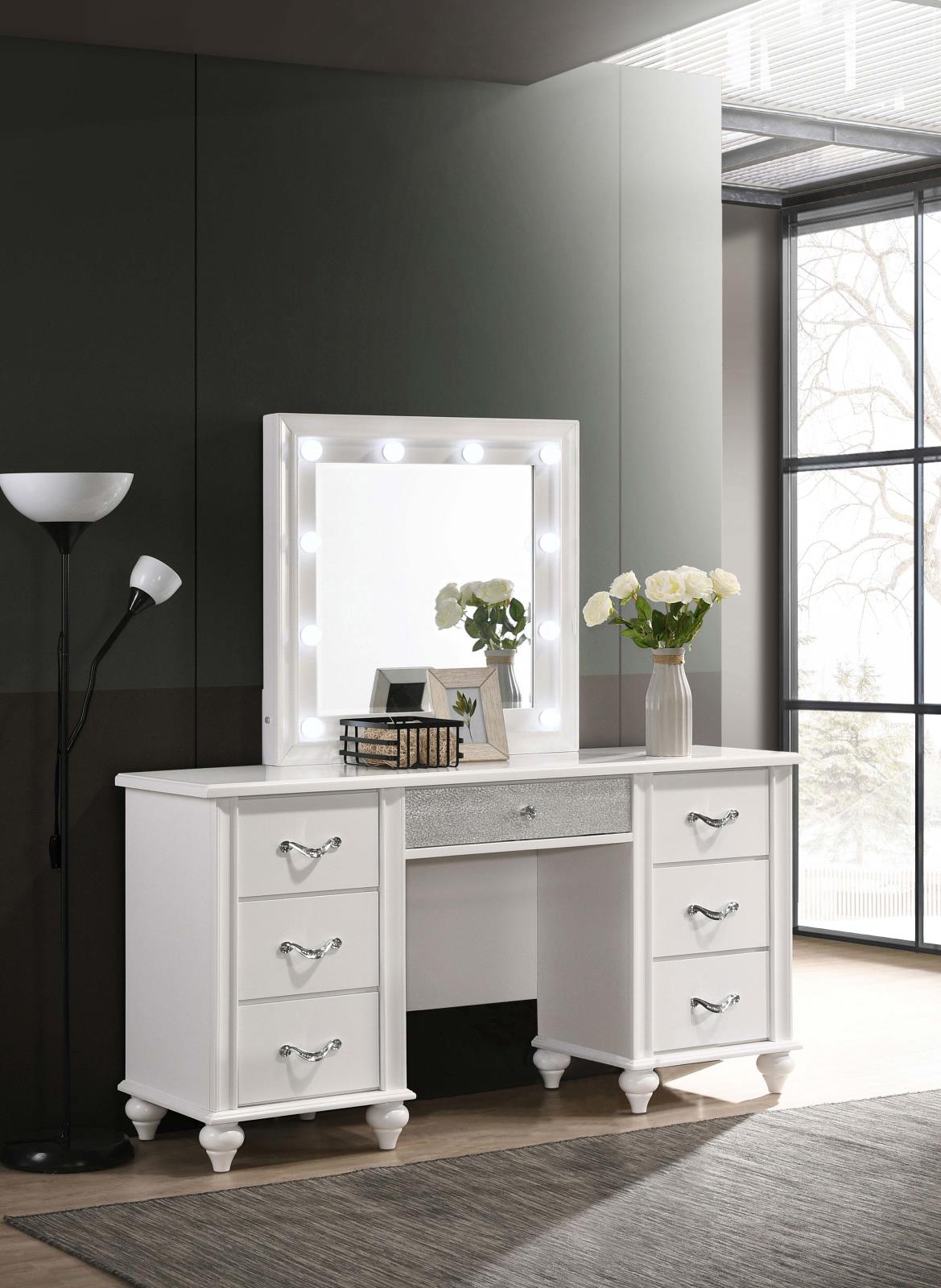 Barzini 7-Drawer Vanity Desk with Lighted Mirror White - 205897 - Bien Home Furniture &amp; Electronics