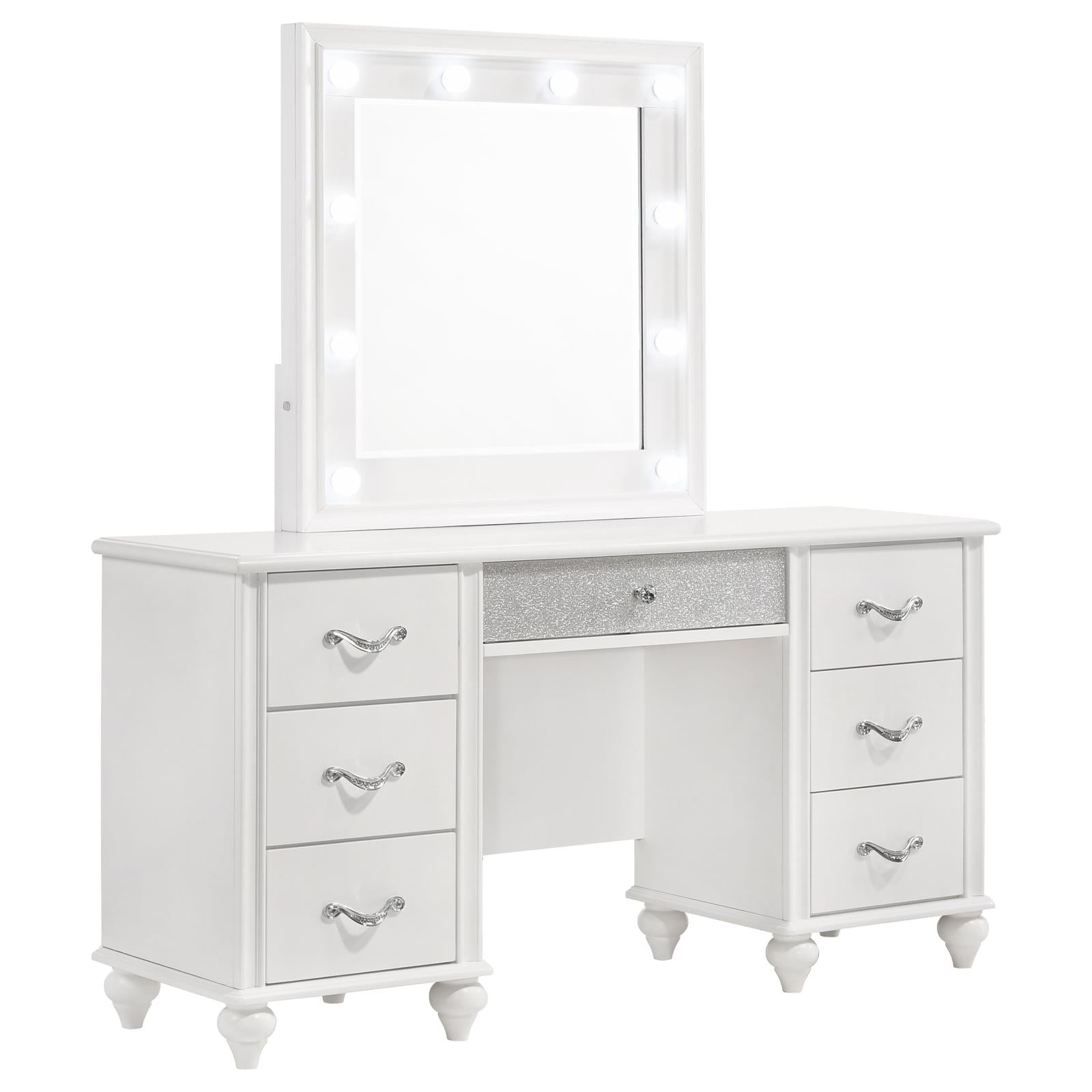 Barzini 7-Drawer Vanity Desk with Lighted Mirror White - 205897 - Bien Home Furniture &amp; Electronics