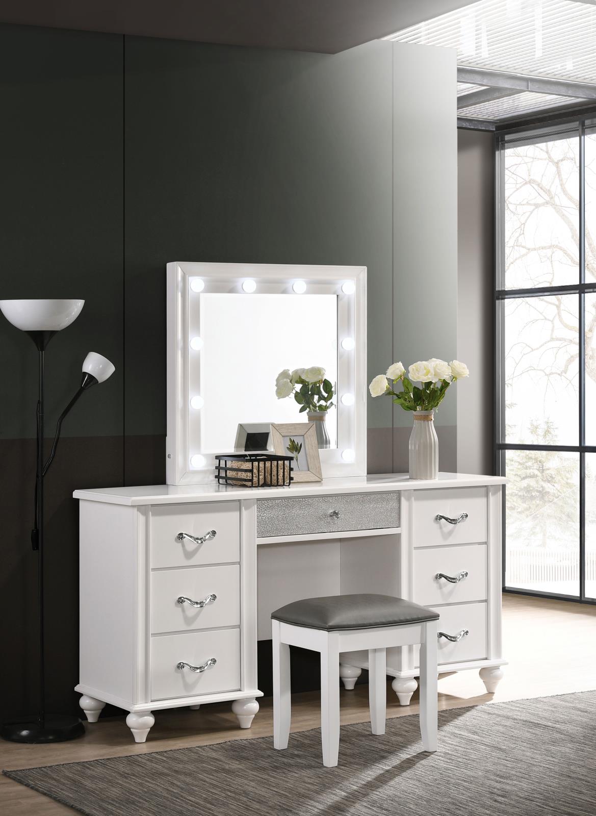 Barzini 7-Drawer Vanity Desk with Lighted Mirror White - 205897 - Bien Home Furniture &amp; Electronics