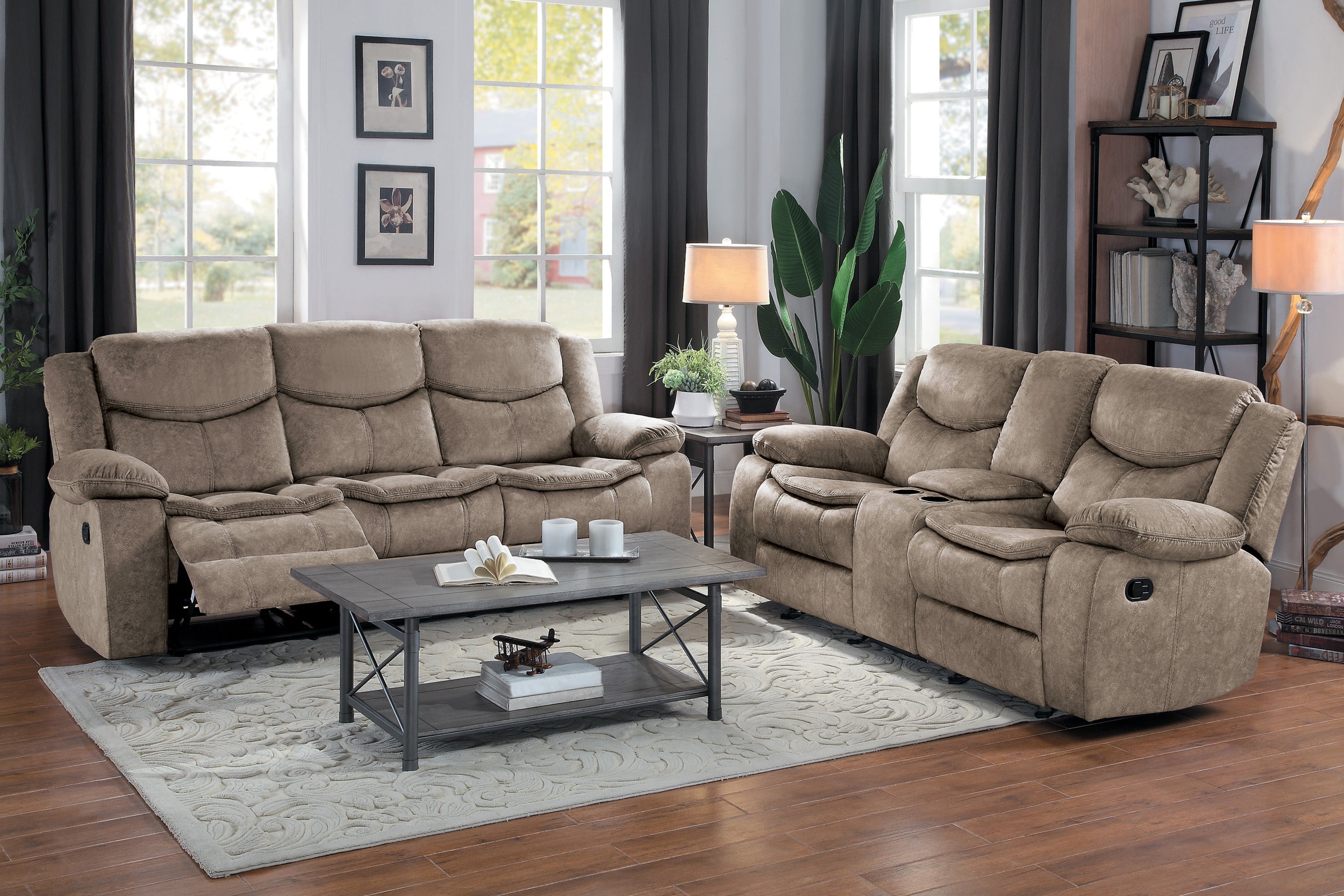 Bastrop Brown Fabric Double Glider Reclining Loveseat with Center Console - 8230FBR-2 - Bien Home Furniture & Electronics