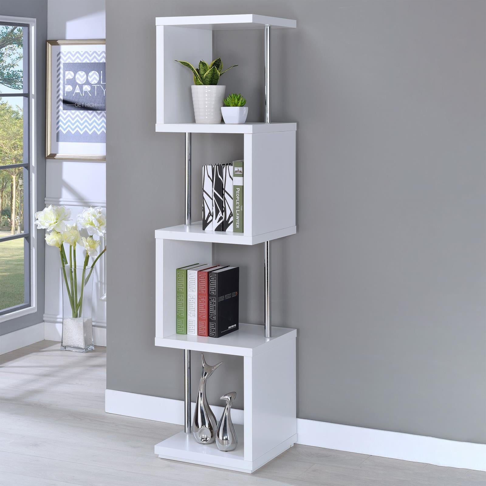 Baxter White/Chrome 4-Shelf Bookcase - 801418 - Bien Home Furniture &amp; Electronics