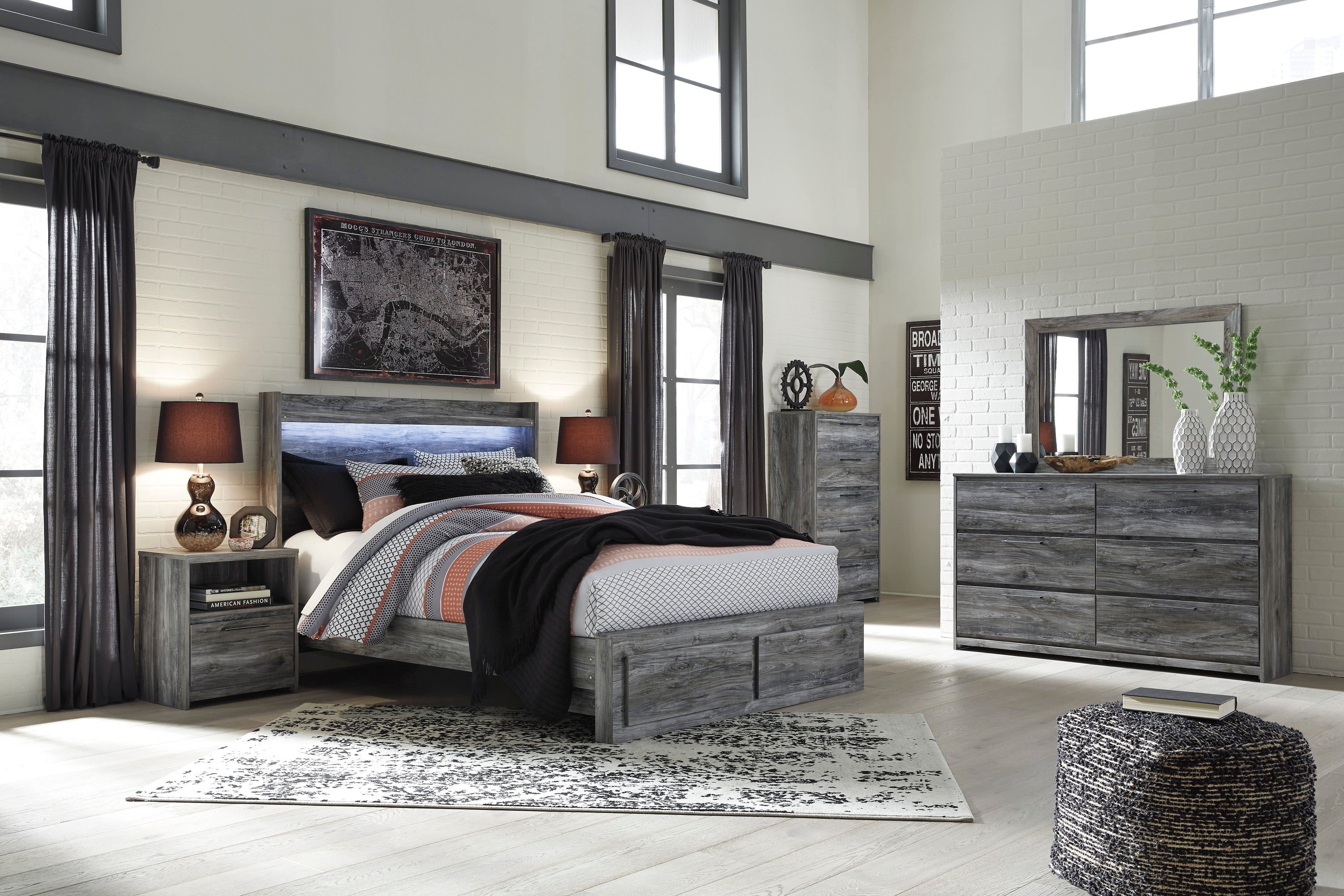 Baystorm Gray LED Footboard Storage Platform Bedroom Set - SET | B221-54S | B221-57 | B221-95 | B221-31 | B221-35 | B221-91 | B221-46 | B100-13 - Bien Home Furniture & Electronics