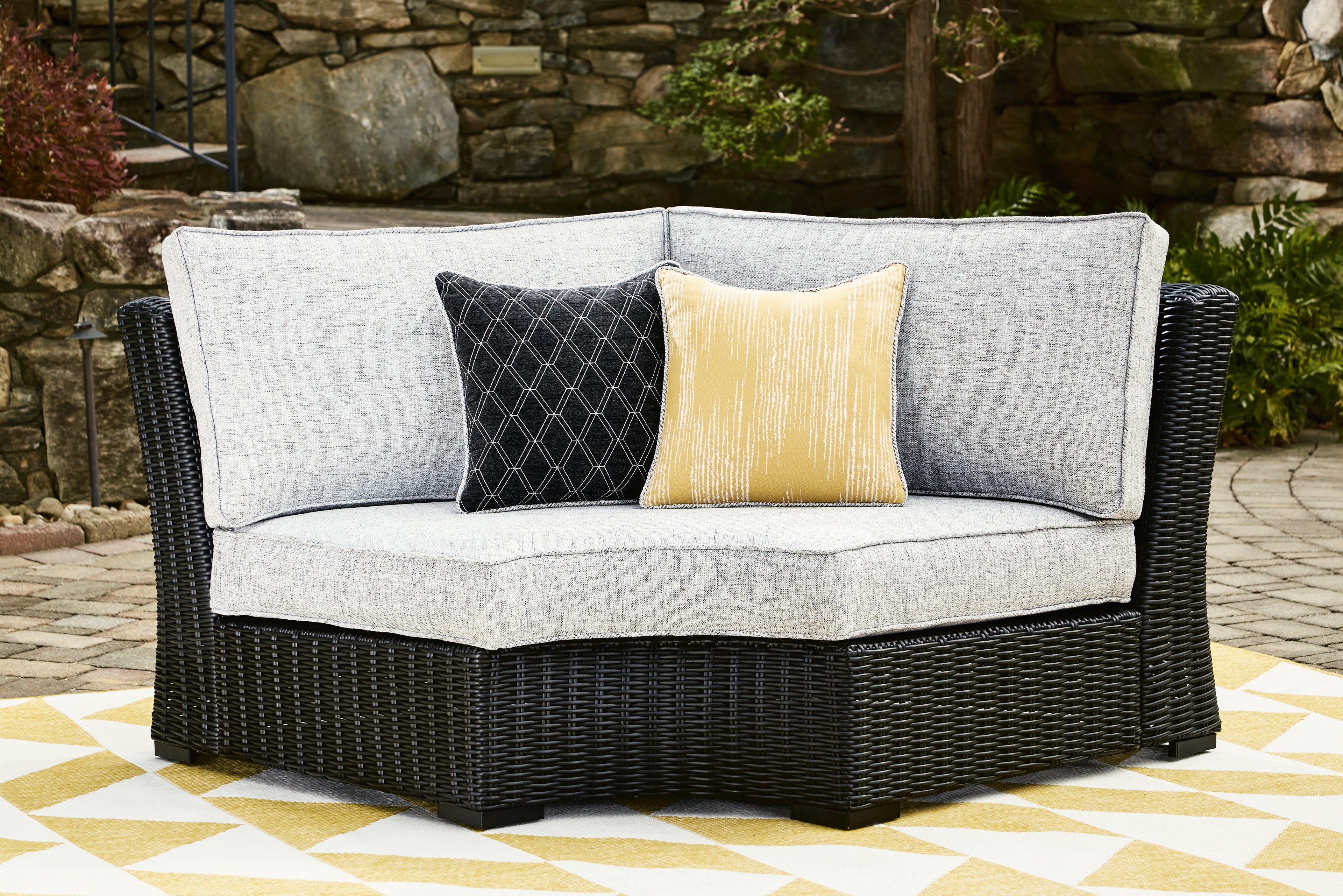 Beachcroft Black/Light Gray Outdoor Curved Corner Chair with Cushion - P792-851 - Bien Home Furniture & Electronics