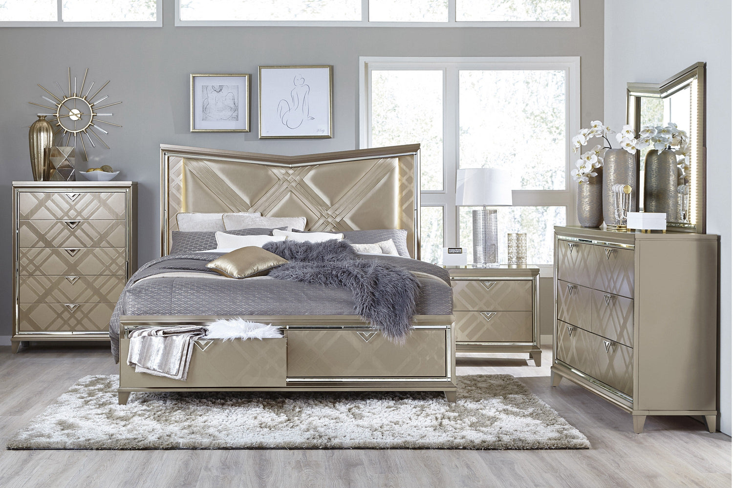 Bijou Champagne King LED Upholstered Storage Platform Bed - SET | 1522K-1 | 1522K-2 | 1522-3 - Bien Home Furniture & Electronics