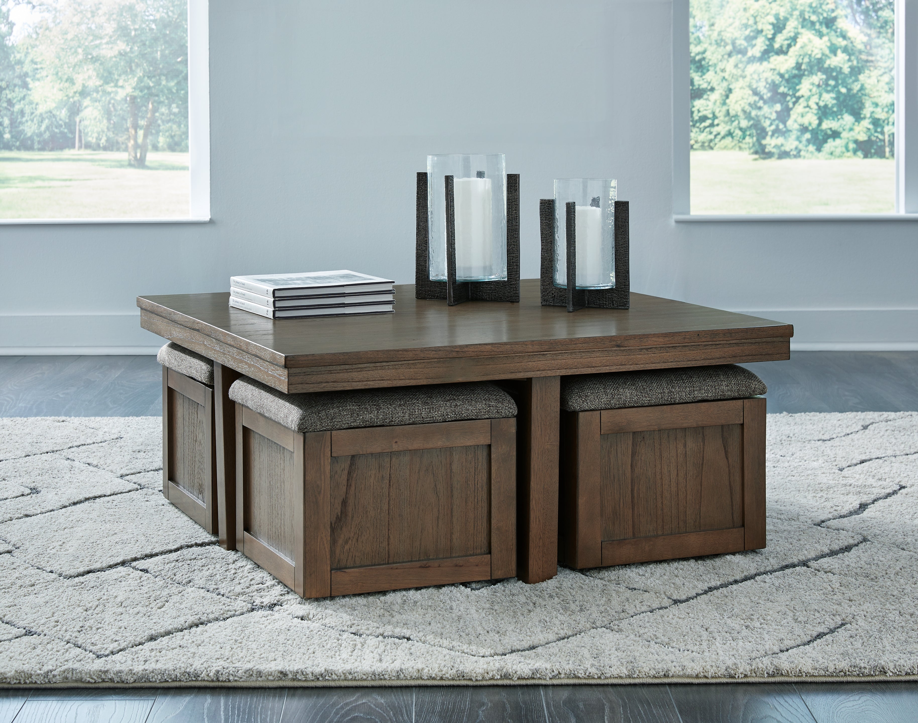 Boardernest Brown Coffee Table with 4 Stools - T738-20 - Bien Home Furniture & Electronics