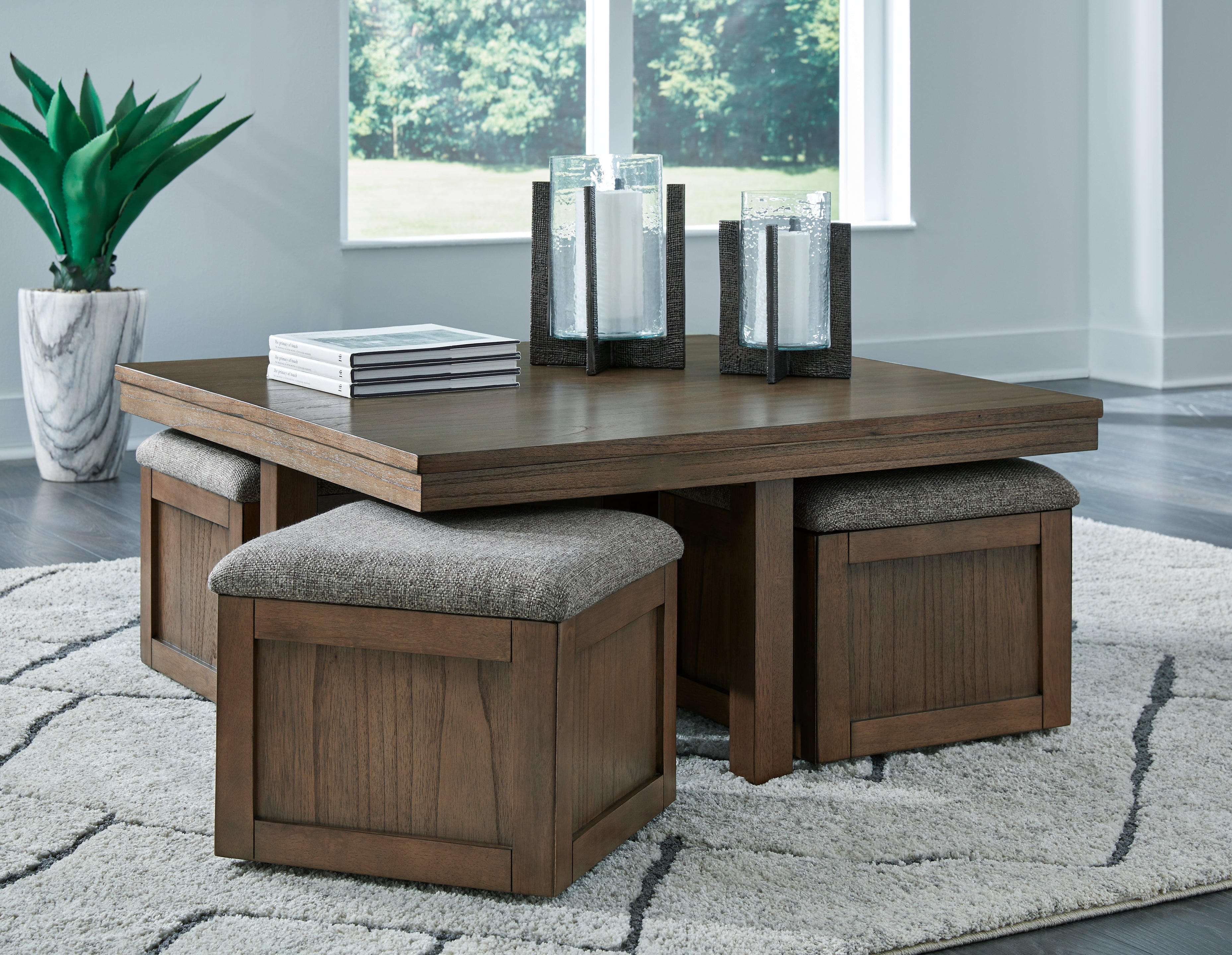Boardernest Brown Coffee Table with 4 Stools - T738-20 - Bien Home Furniture & Electronics