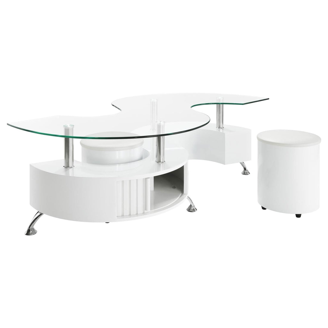 Buckley Curved Glass Top Coffee Table With Stools White High Gloss - 703400 - Bien Home Furniture & Electronics
