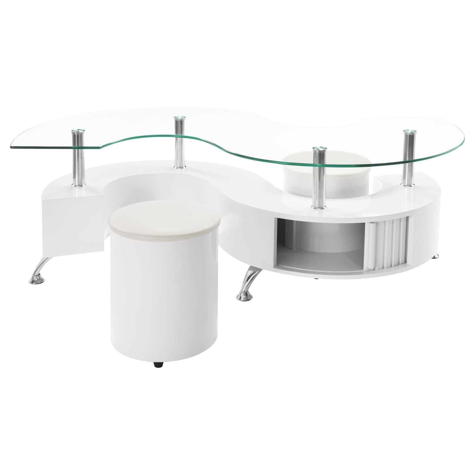 Buckley Curved Glass Top Coffee Table With Stools White High Gloss - 703400 - Bien Home Furniture & Electronics