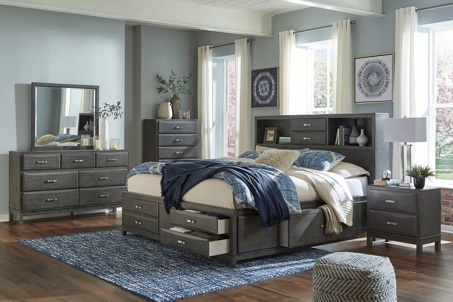 Caitbrook Gray Bookcase Storage Platform Bedroom Set - SET | B476-64 | B476-65 | B476-98 | B476-92 | B476-46 - Bien Home Furniture & Electronics