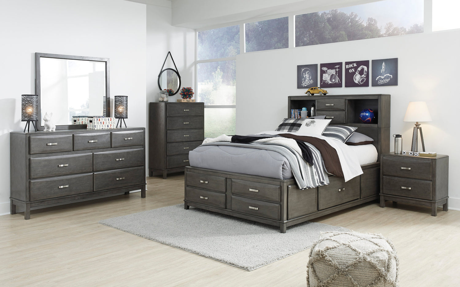 Caitbrook Gray Bookcase Storage Platform Youth Bedroom Set - SET | B476-74 | B476-77 | B476-88 | B476-31 | B476-36 | B476-92 - Bien Home Furniture & Electronics