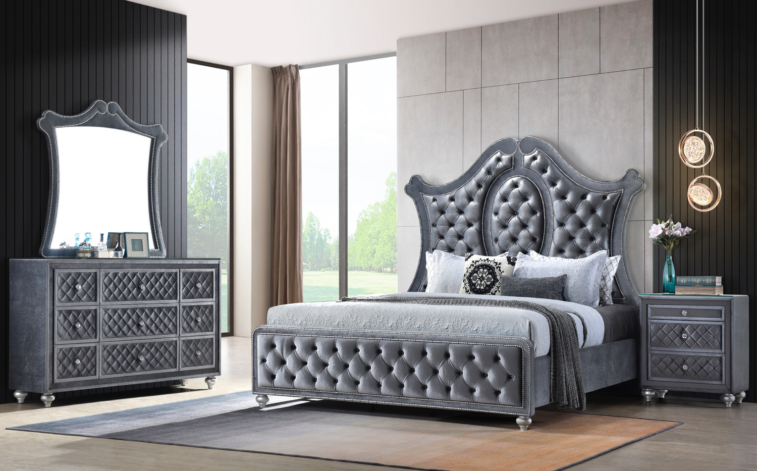 Cameo Gray King Upholstered Panel Bed - SET | B2100-K-HB | B2100-K-FB | B2100-KQ-RAIL | B2100-KQ-HBLEG - Bien Home Furniture & Electronics
