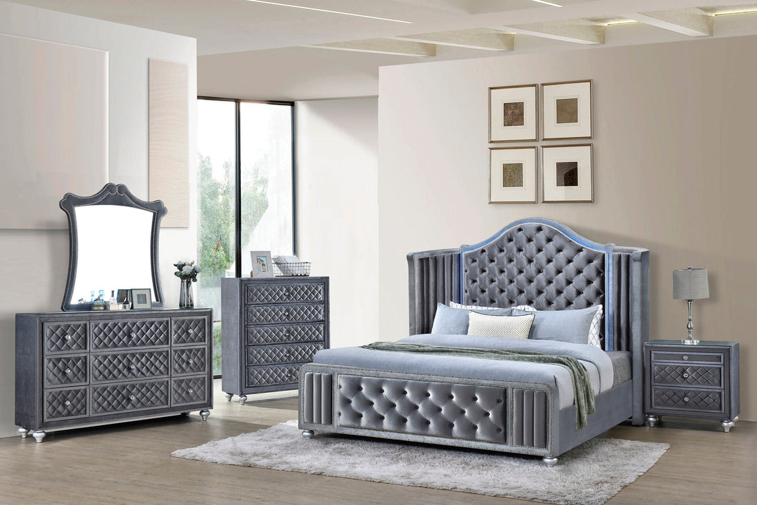 Cameo Gray Queen Upholstered Wingback Panel Bed - SET | B2150-Q-HB | B2150-Q-FB | B2150-KQ-RAIL | B2150-Q-HBWG | - Bien Home Furniture &amp; Electronics