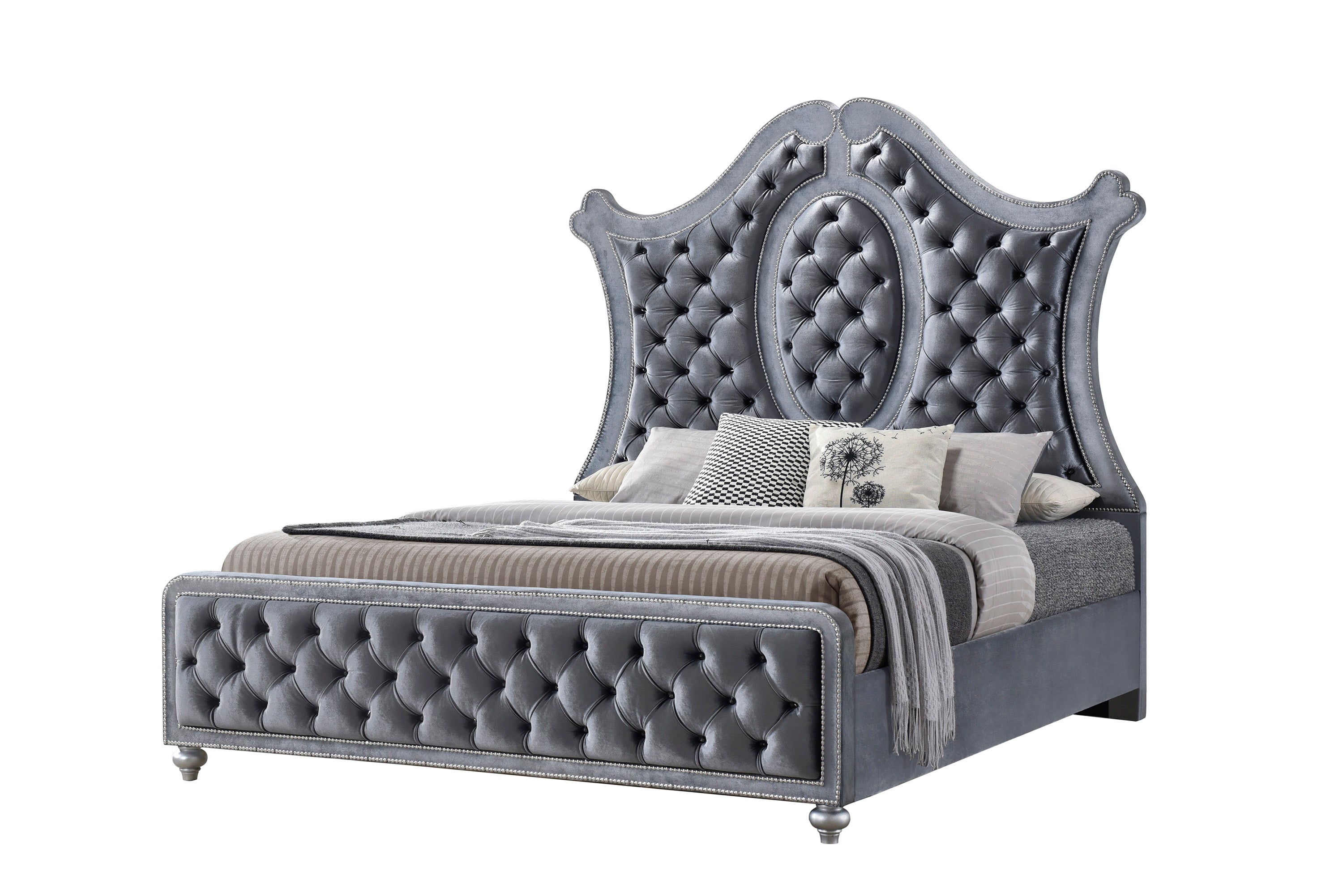 Cameo Gray Upholstered Panel Bedroom Set - SET | B2100-Q-HB | B2100-Q-FB | B2100-KQ-RAIL | B2100-KQ-HBLEG | B2100-2 | B2100-4 - Bien Home Furniture & Electronics