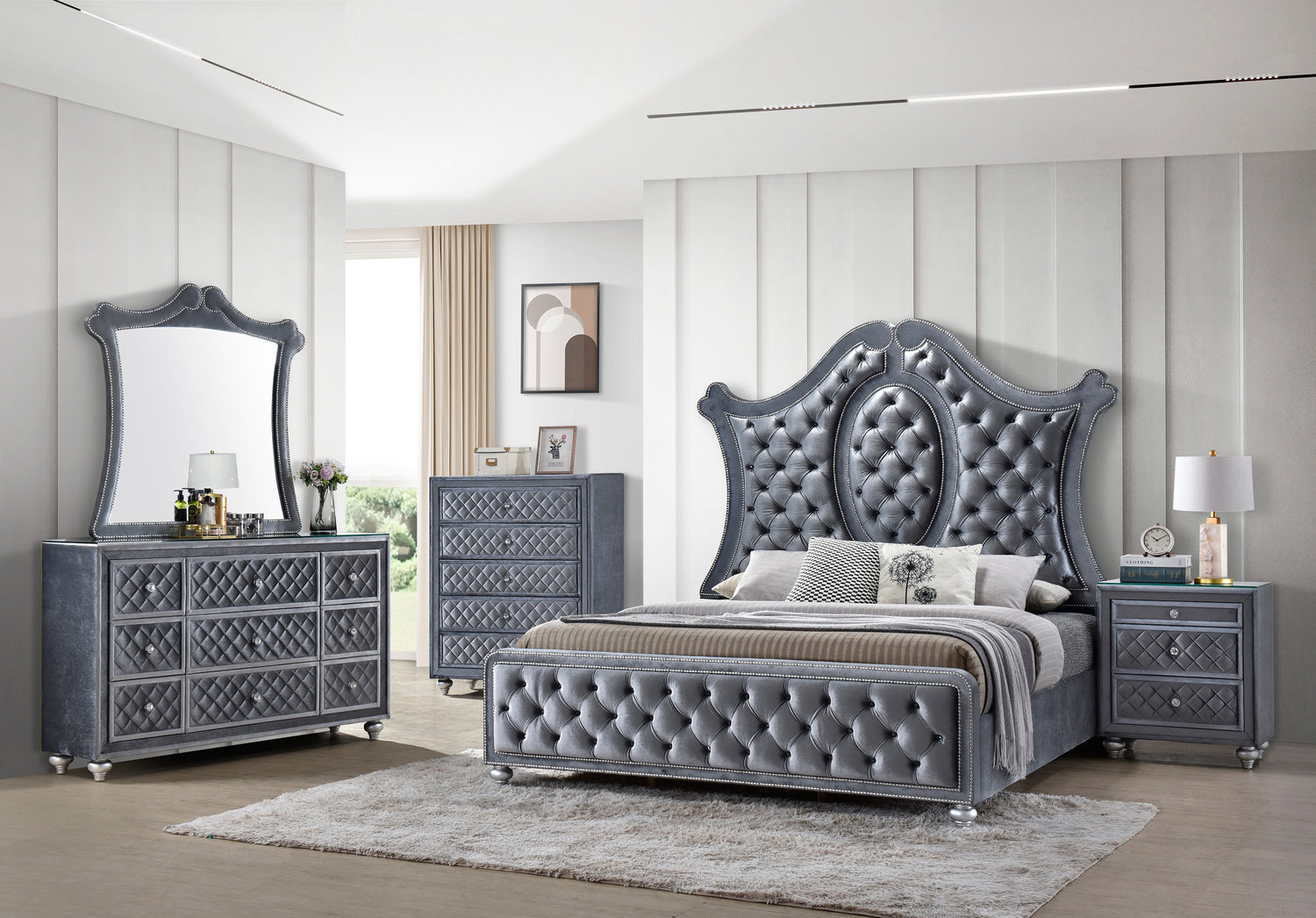 Cameo Gray Upholstered Panel Bedroom Set - SET | B2100-Q-HB | B2100-Q-FB | B2100-KQ-RAIL | B2100-KQ-HBLEG | B2100-2 | B2100-4 - Bien Home Furniture & Electronics