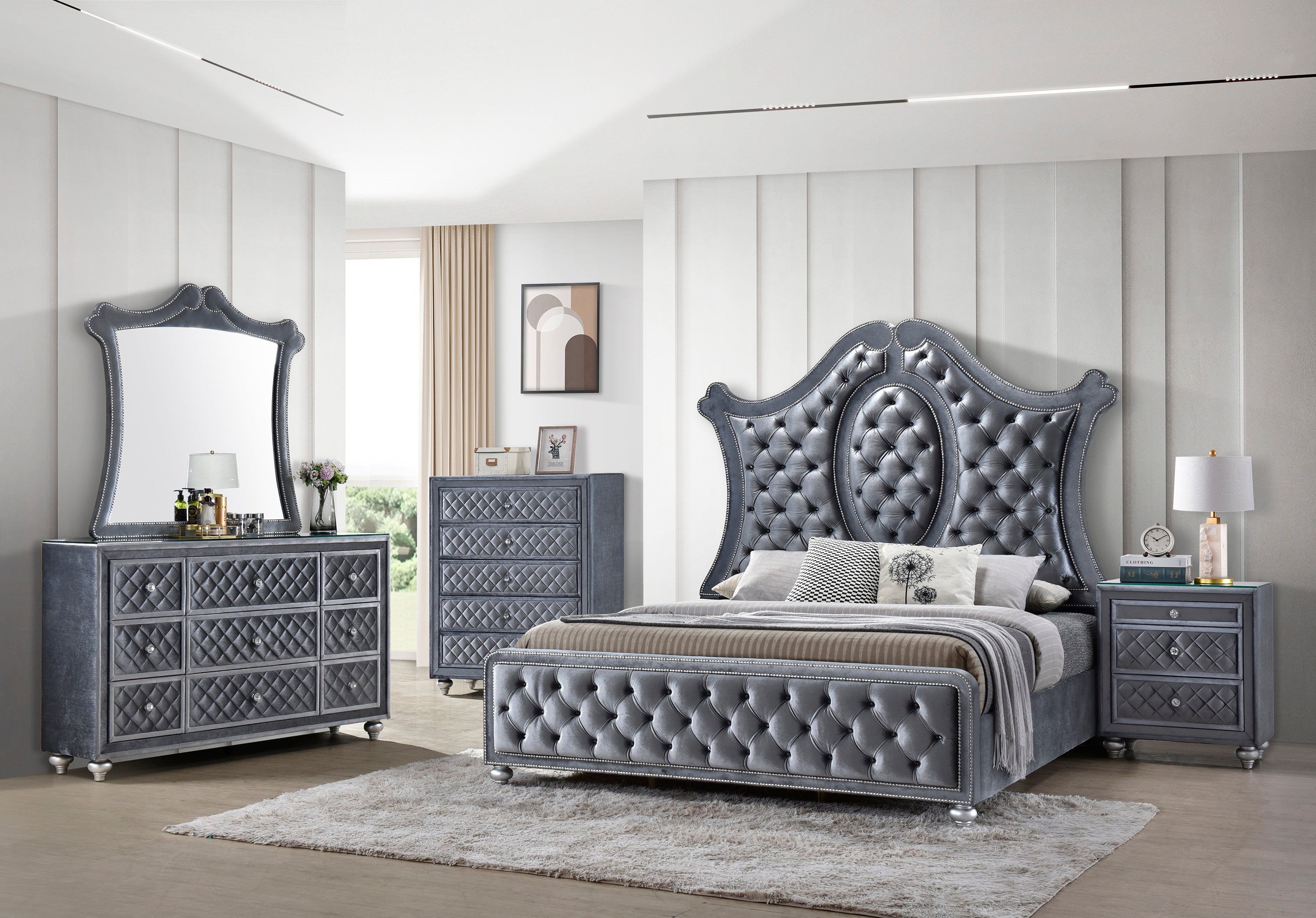 Cameo Gray Upholstered Panel Bedroom Set - SET | B2100-Q-HB | B2100-Q-FB | B2100-KQ-RAIL | B2100-KQ-HBLEG | B2100-2 | B2100-4 - Bien Home Furniture & Electronics