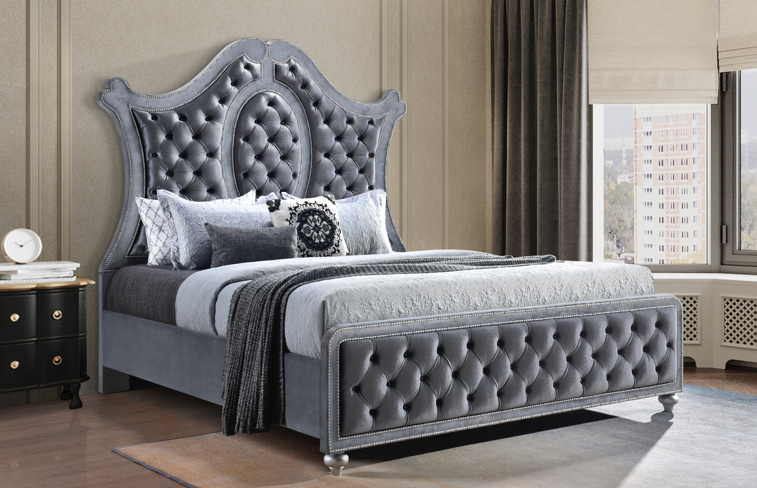 Cameo Gray Upholstered Panel Bedroom Set - SET | B2100-Q-HB | B2100-Q-FB | B2100-KQ-RAIL | B2100-KQ-HBLEG | B2100-2 | B2100-4 - Bien Home Furniture & Electronics