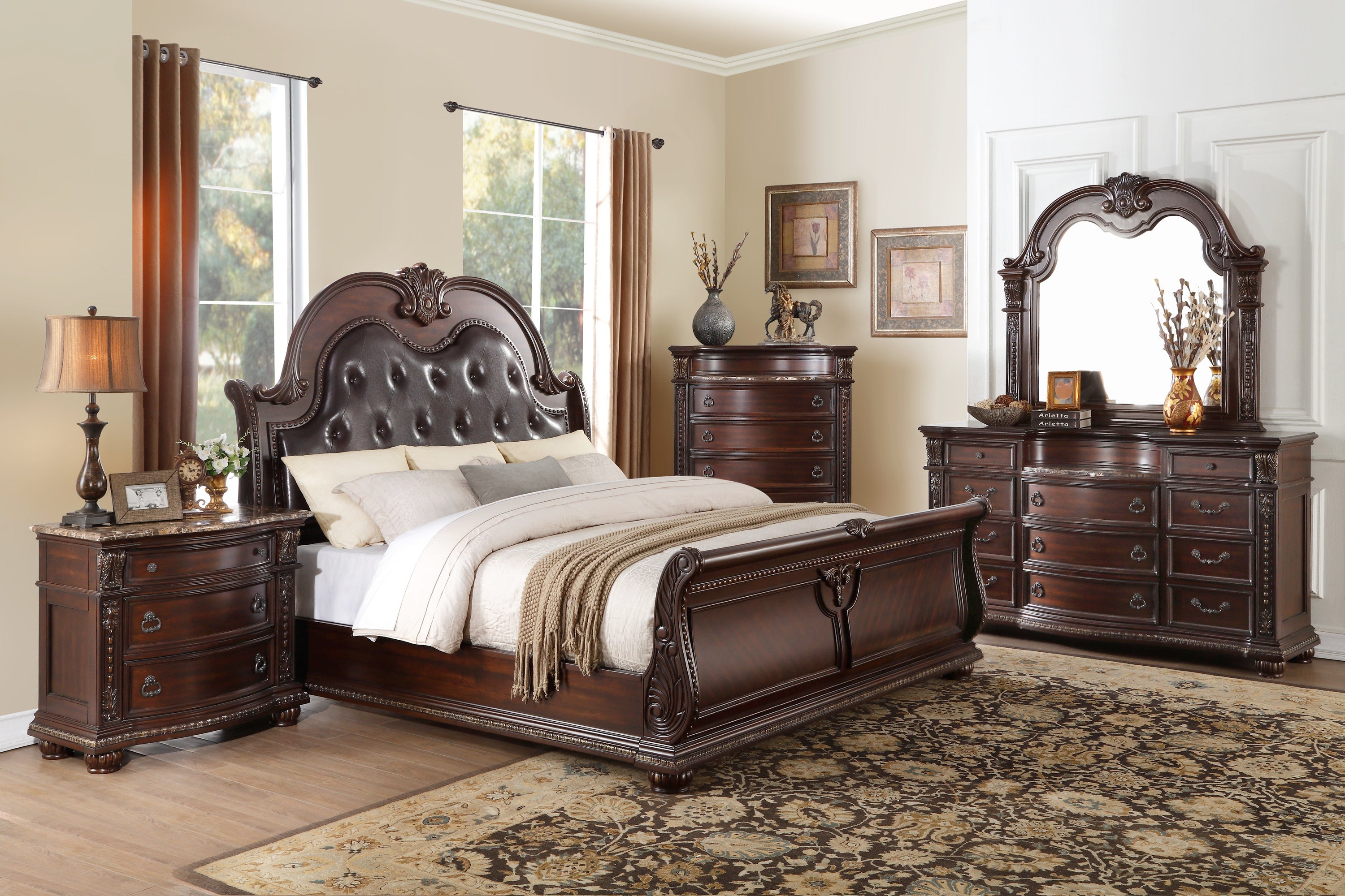 Cavalier Dark Cherry Upholstered Sleigh Bedroom Set - SET | 1757-1 | 1757-2 | 1757-3 | 1757-1P | 1757-4 | 1757-9 - Bien Home Furniture &amp; Electronics