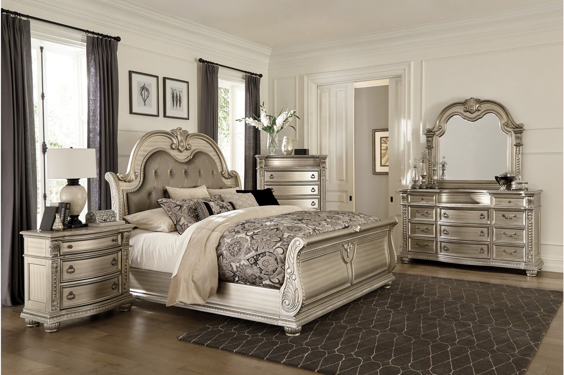 Cavalier Silver Queen Upholstered Sleigh Bed - SET | 1757SV-1 | 1757SV-2 | 1757SV-3 | 1757SV-1P - Bien Home Furniture &amp; Electronics