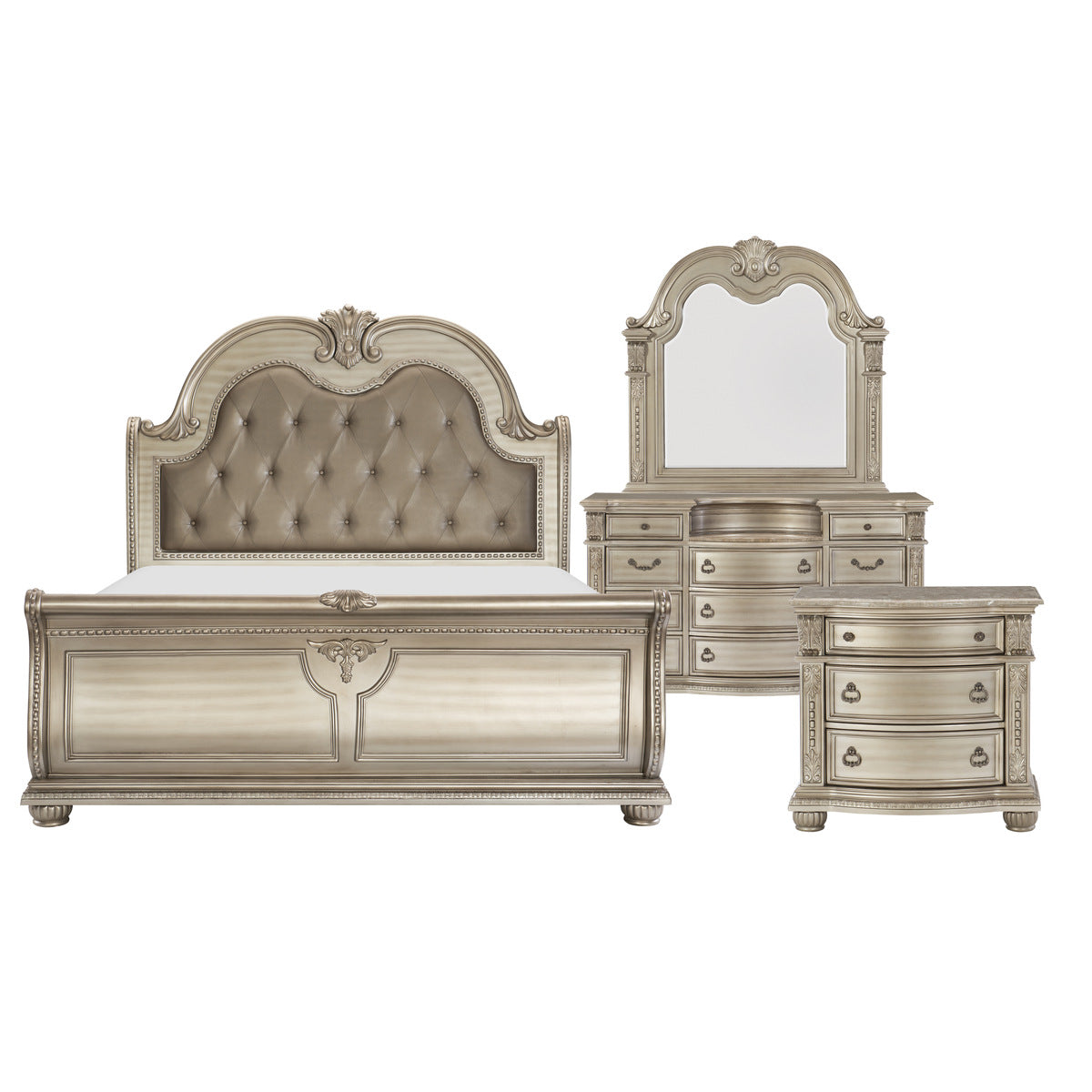 Cavalier Silver Upholstered Sleigh Bedroom Set - SET | 1757SVK-1 | 1757SVK-2 | 1757SV-3 | 1757SV-1P | 1757SV-5 | 1757SV-6 | 1757SV-4 - Bien Home Furniture & Electronics