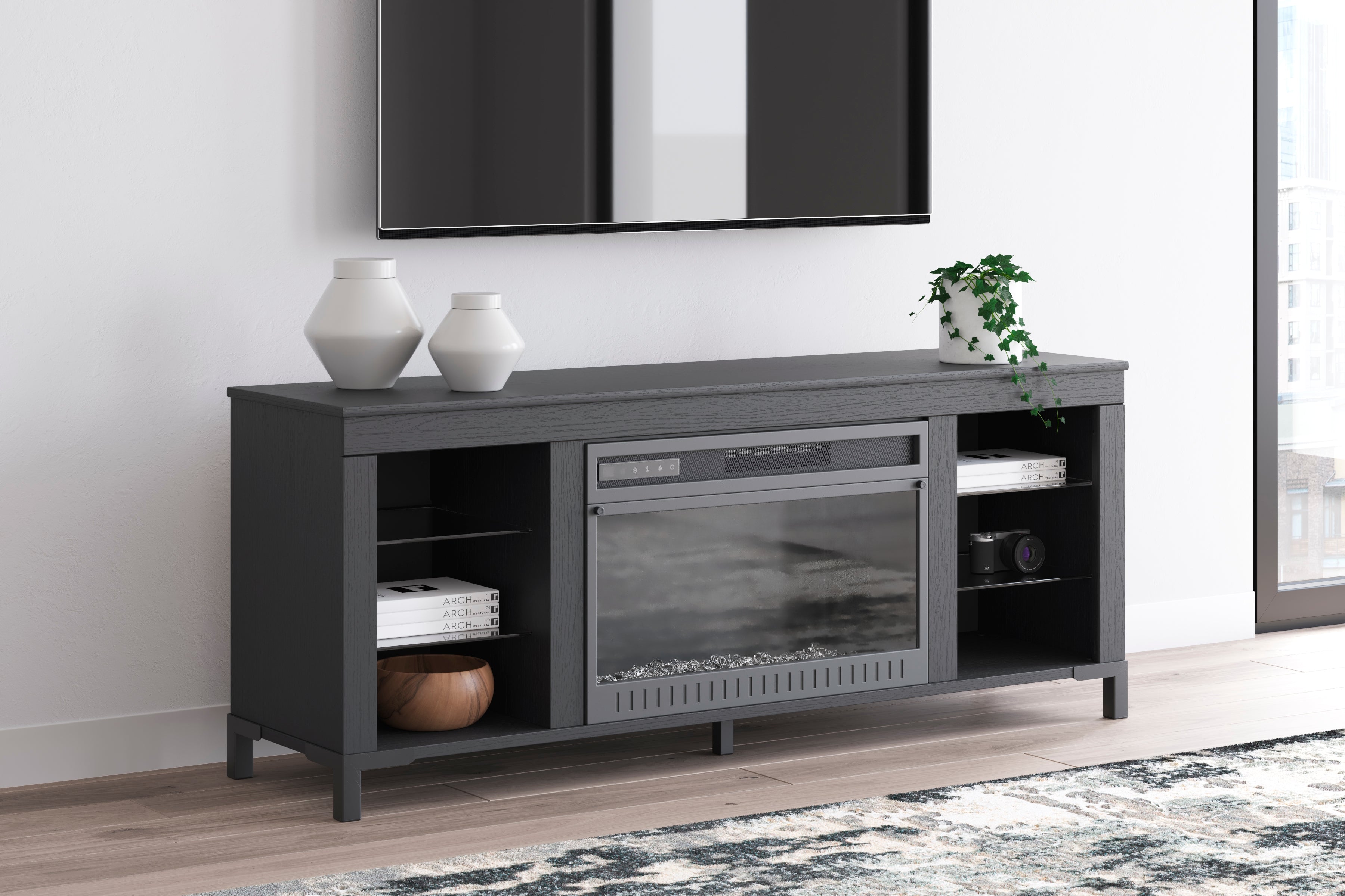 Cayberry Black 60&quot; TV Stand with Electric Fireplace - W2721-168 - Bien Home Furniture &amp; Electronics