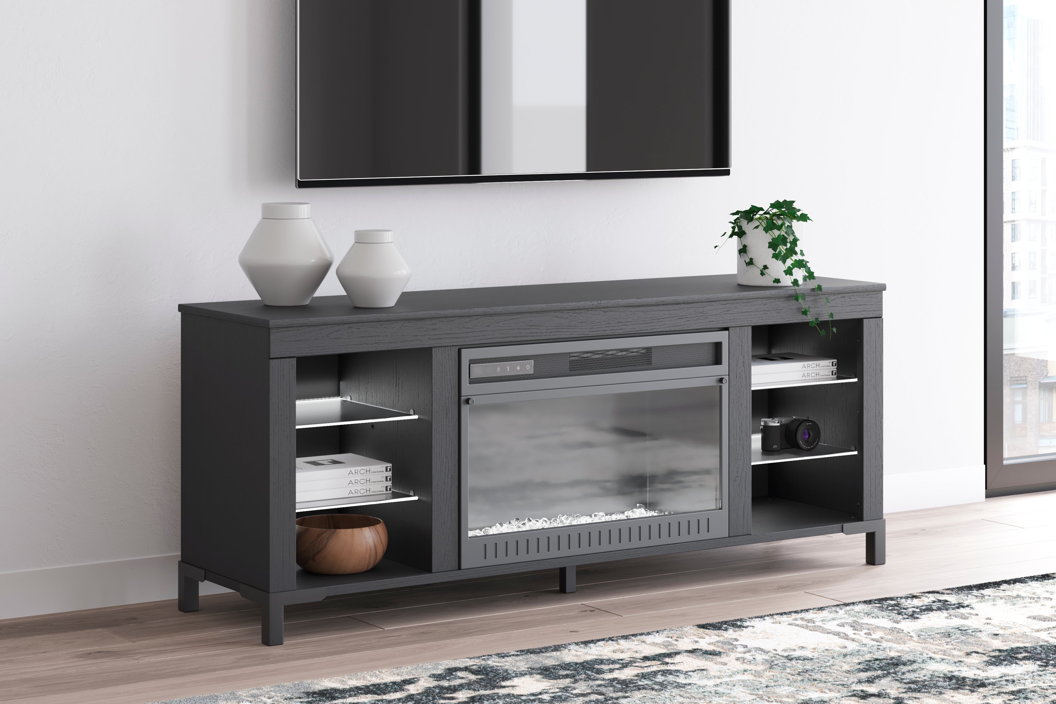 Cayberry Black 60&quot; TV Stand with Electric Fireplace - W2721-168 - Bien Home Furniture &amp; Electronics