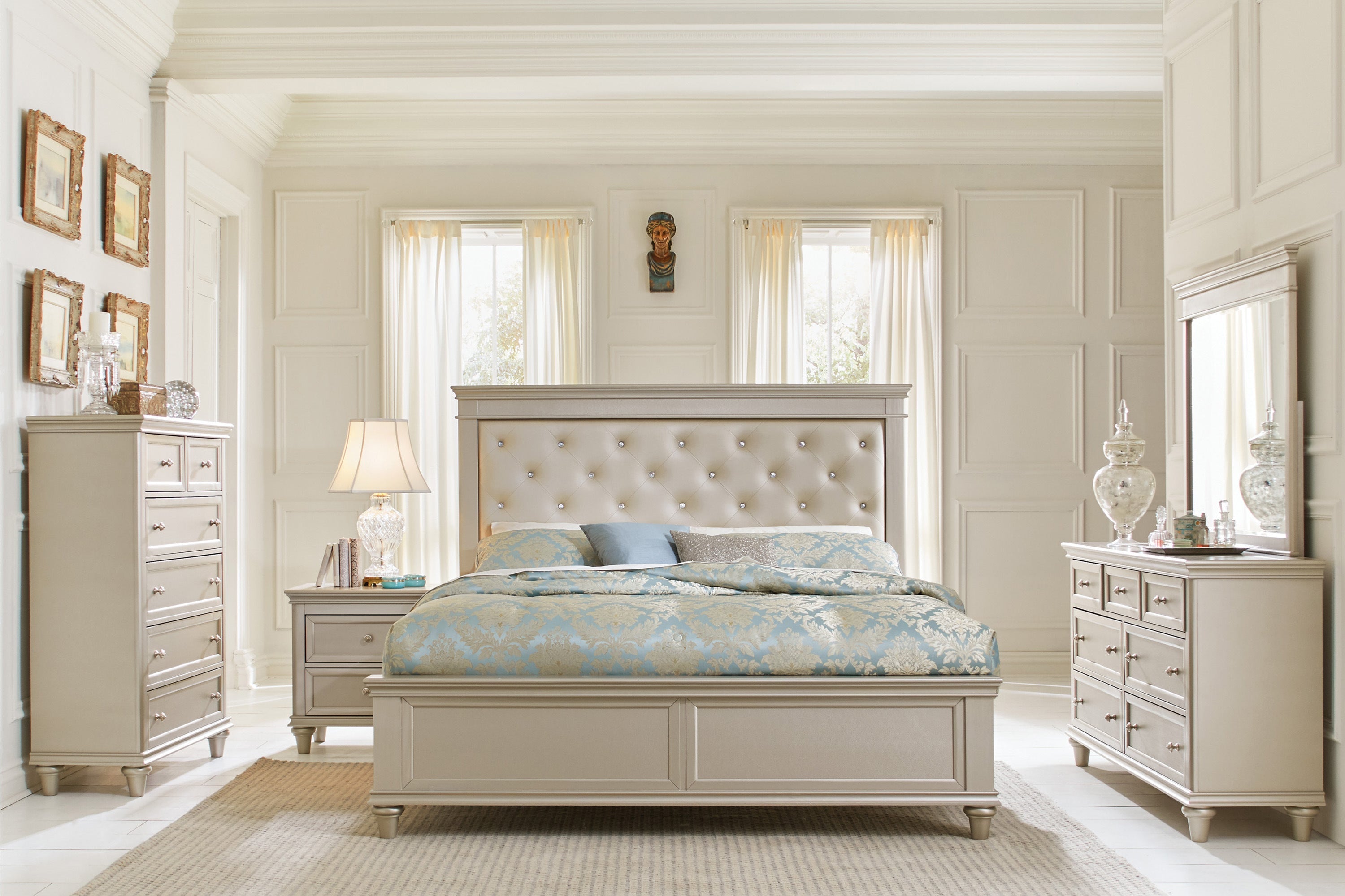 Celandine Silver Queen Upholstered Panel Bed - SET | 1928-1 | 1928-2 | 1928-3 - Bien Home Furniture & Electronics