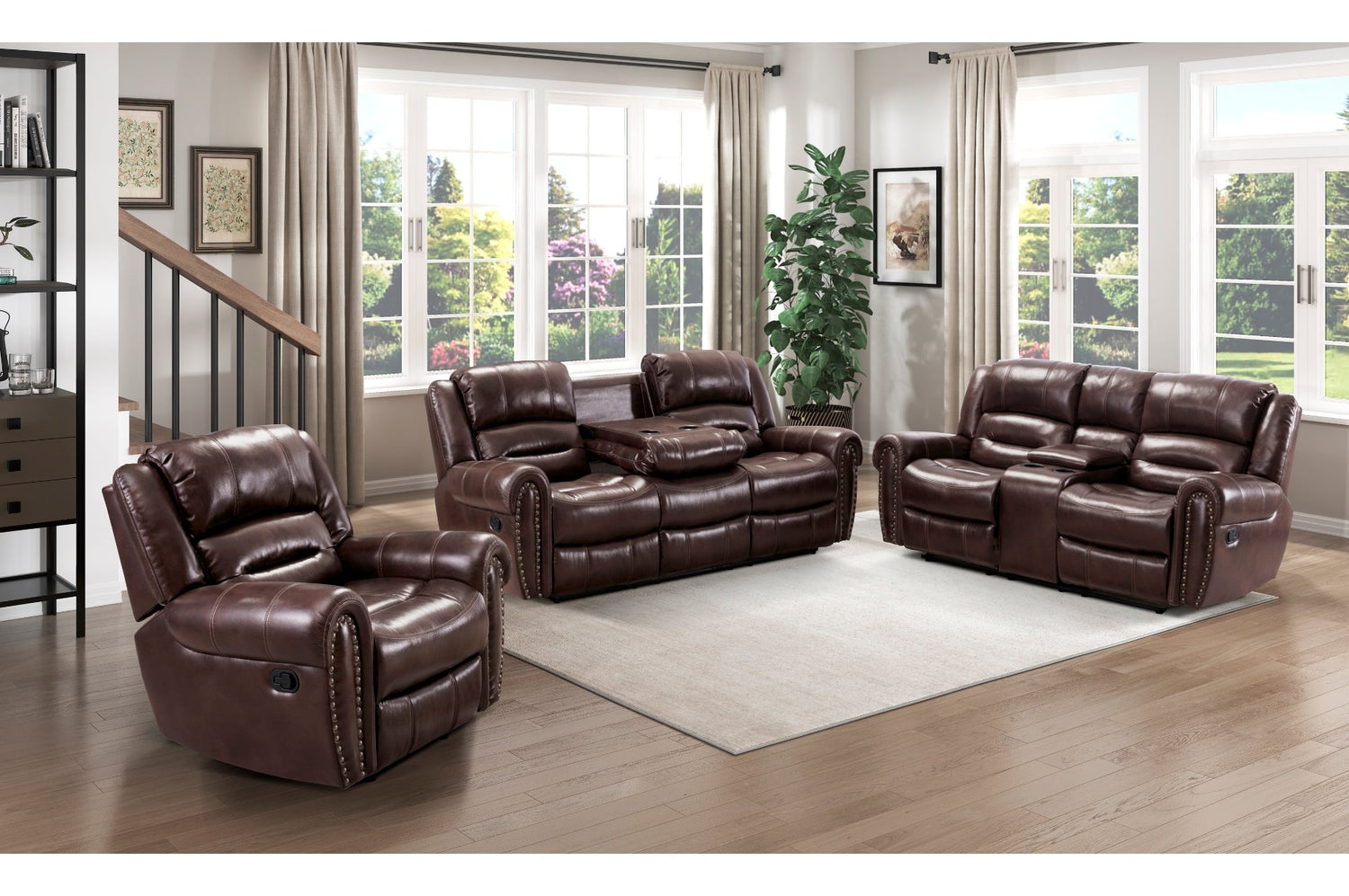 Center Hill Brown Bonded Leather Reclining Living Room Set - SET | 9668NBR-3 | 9668NBR-2 | 9668NBR-1 - Bien Home Furniture & Electronics