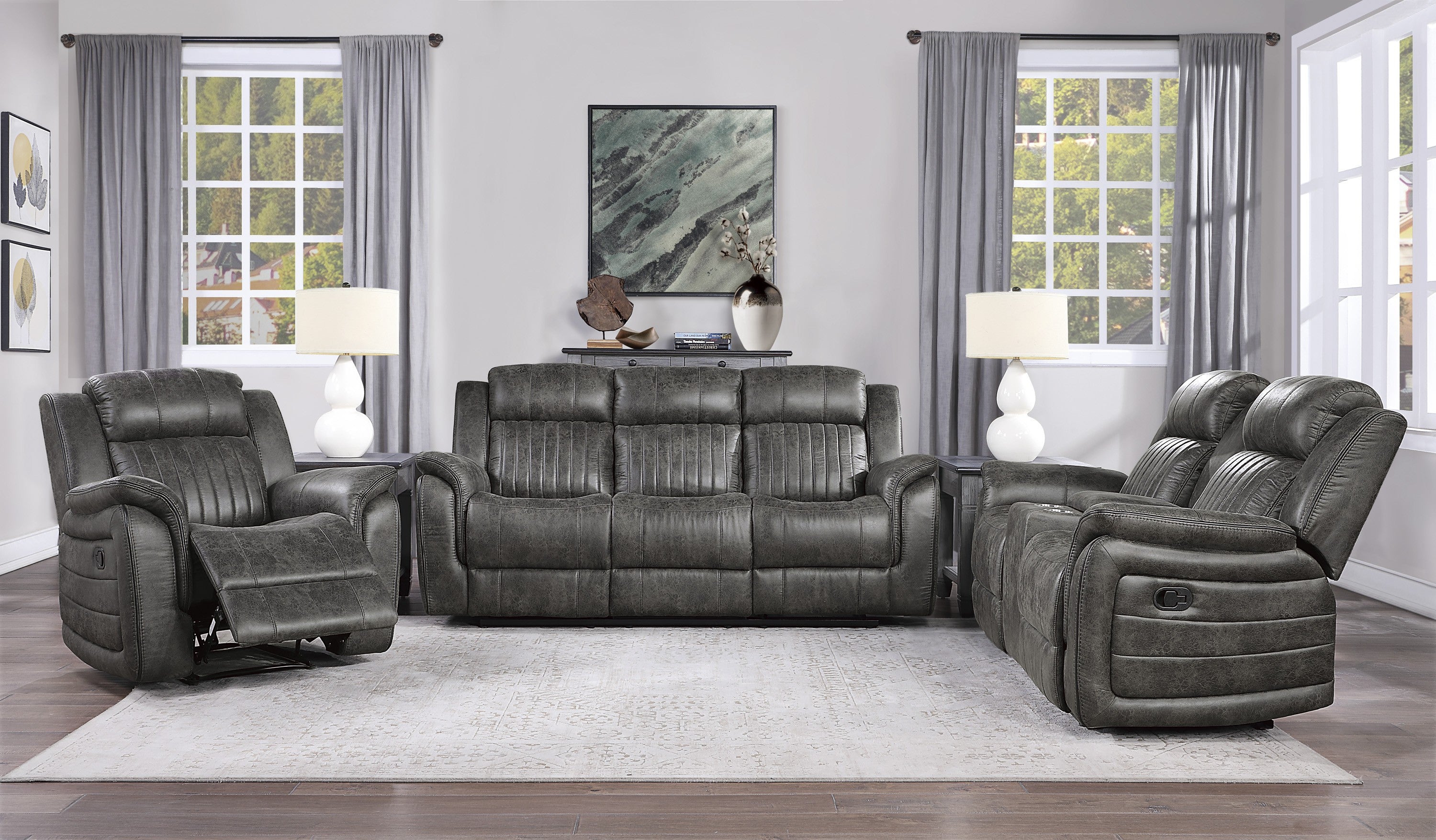 Centeroak Brownish Gray Double Reclining Loveseat with Center Console - 9479BRG-2 - Bien Home Furniture & Electronics