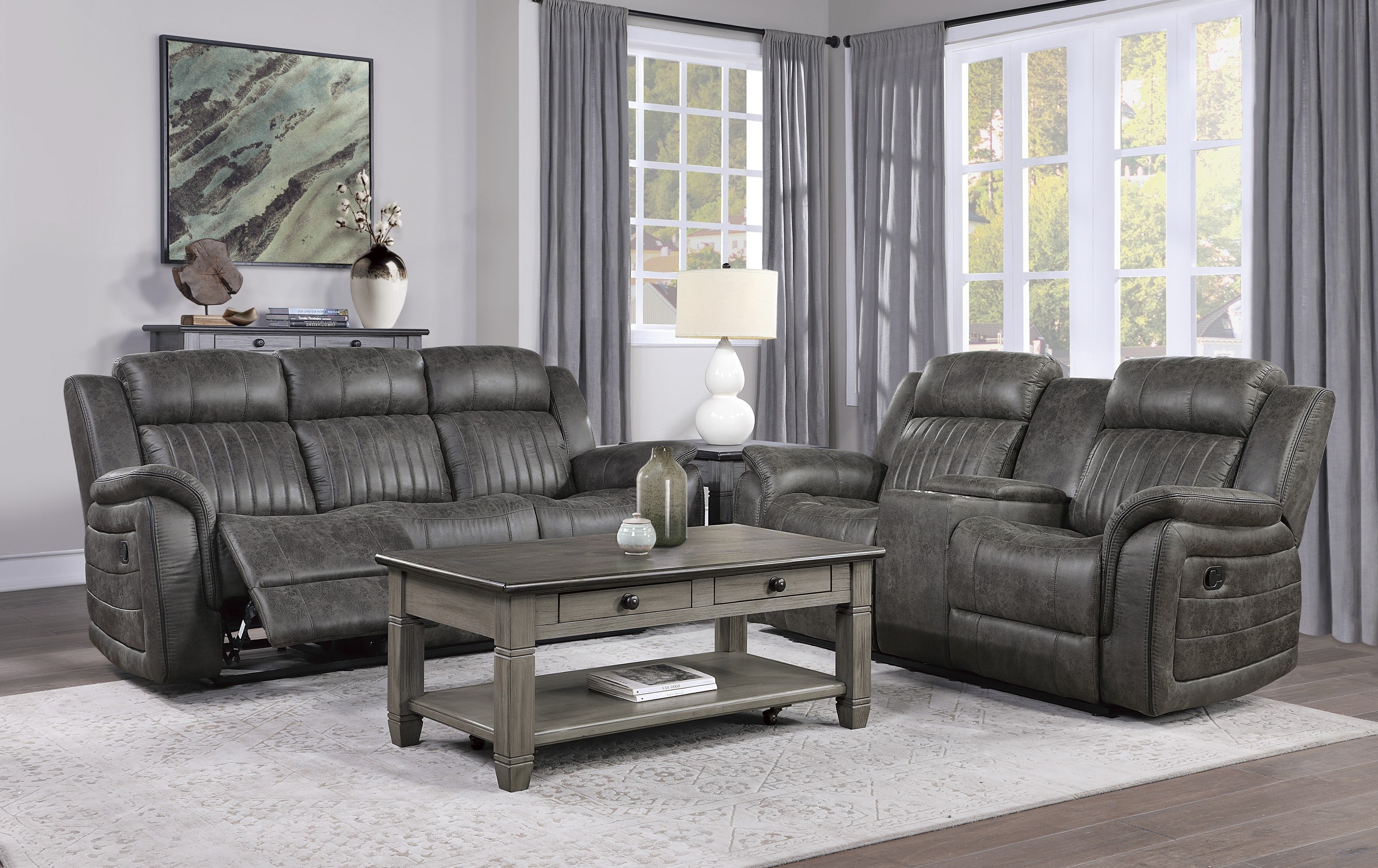 Centeroak Brownish Gray Double Reclining Loveseat with Center Console - 9479BRG-2 - Bien Home Furniture & Electronics