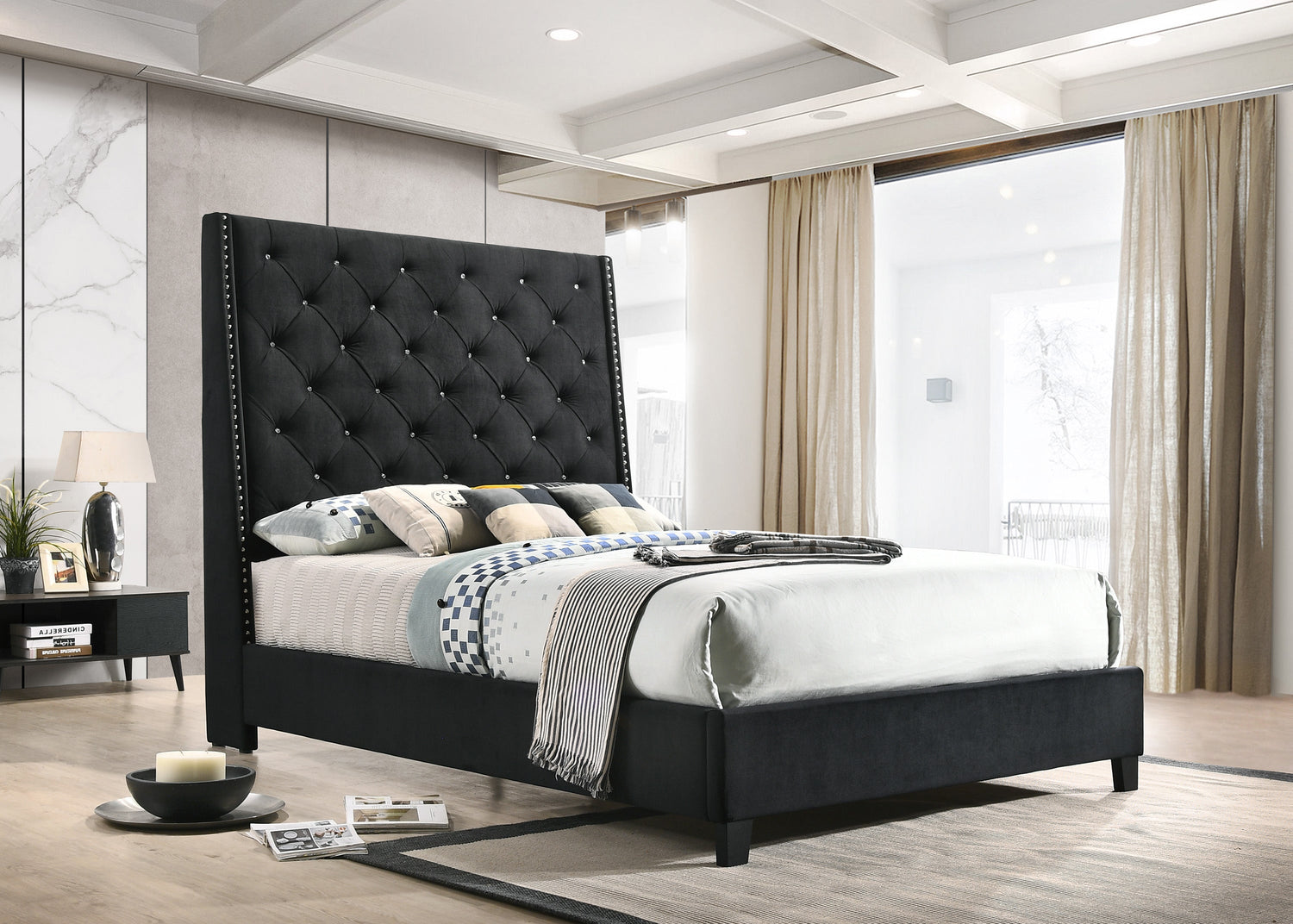 Chantilly Black Velvet Queen Upholstered Bed - SET | 5265BK-Q-HB | 5265BK-Q-FRW - Bien Home Furniture & Electronics