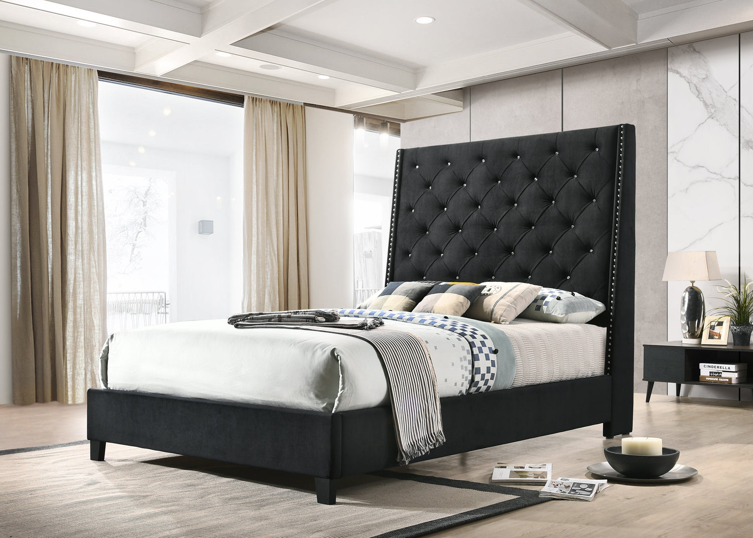 Chantilly Black Velvet Queen Upholstered Bed - SET | 5265BK-Q-HB | 5265BK-Q-FRW - Bien Home Furniture & Electronics
