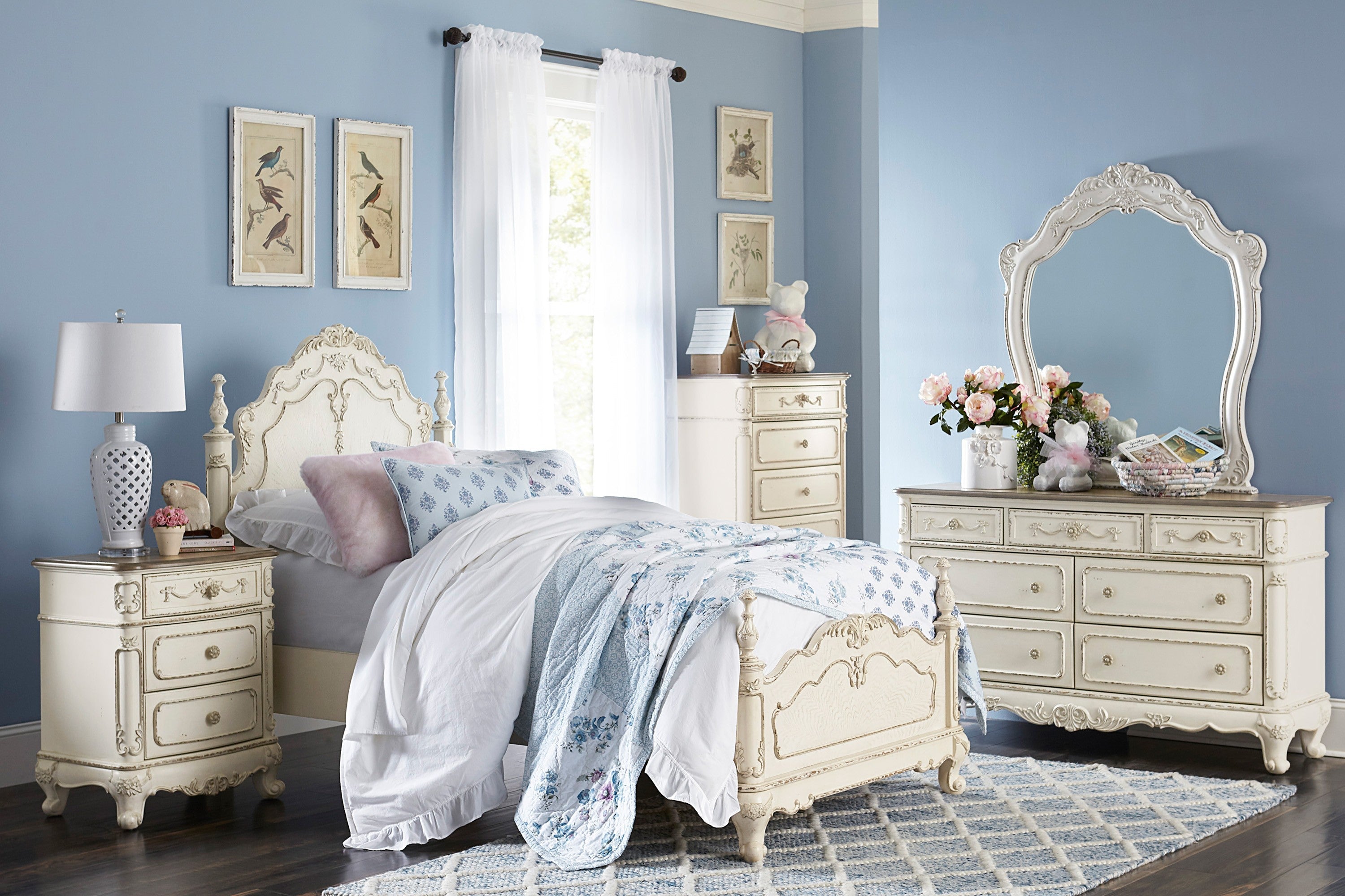 Cinderella Antique White Poster Youth Bedroom Set - SET | 1386NW-5 | 1386NW-6 | 1386NW-4 | 1386FNW-1 | 1386FNW-2 | 1386FNW-3 - Bien Home Furniture &amp; Electronics