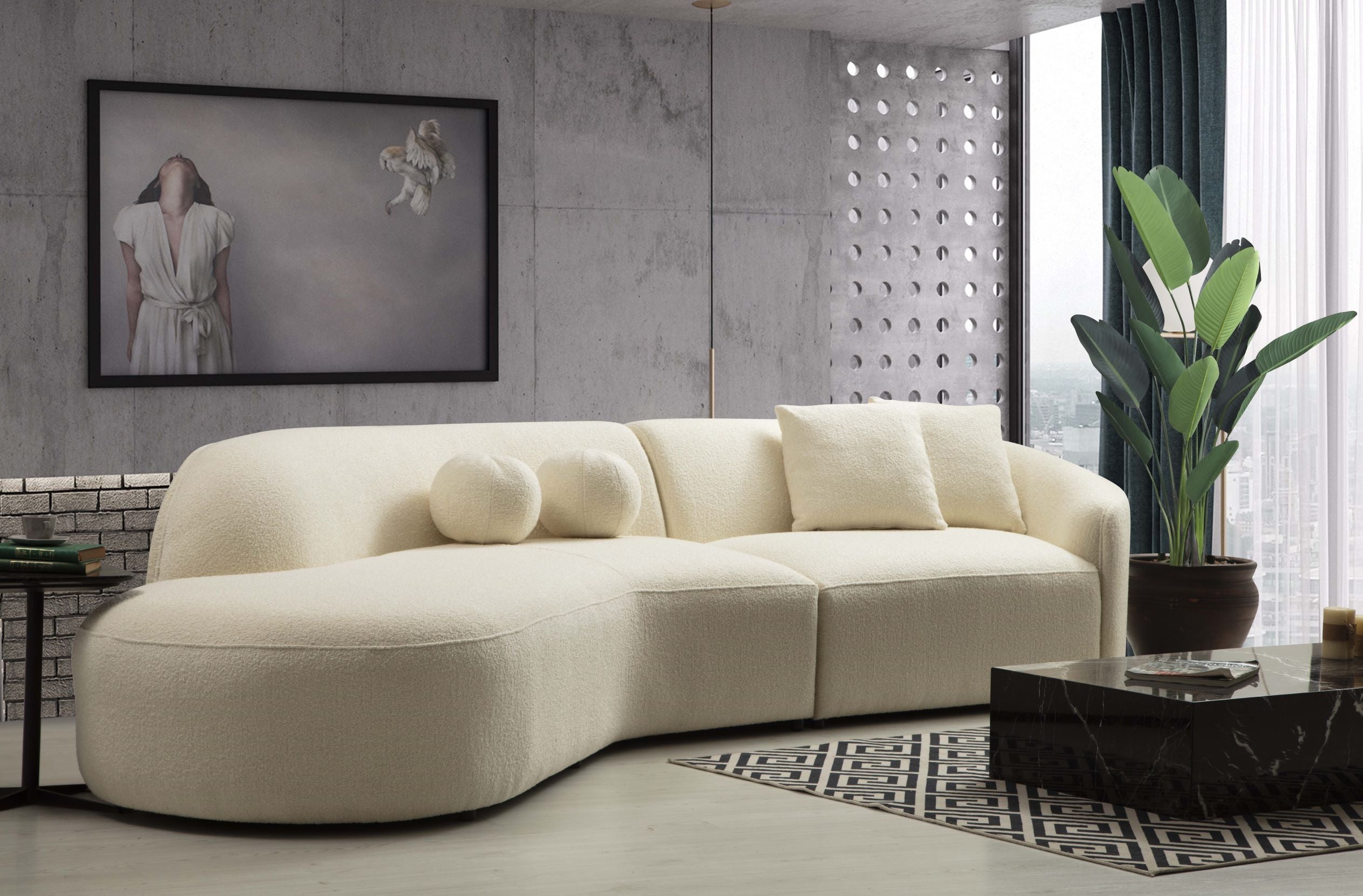 Cloe Ivory Boucle LAF Curved Sectional - CLOEBOUCLE-SECLAF - Bien Home Furniture & Electronics