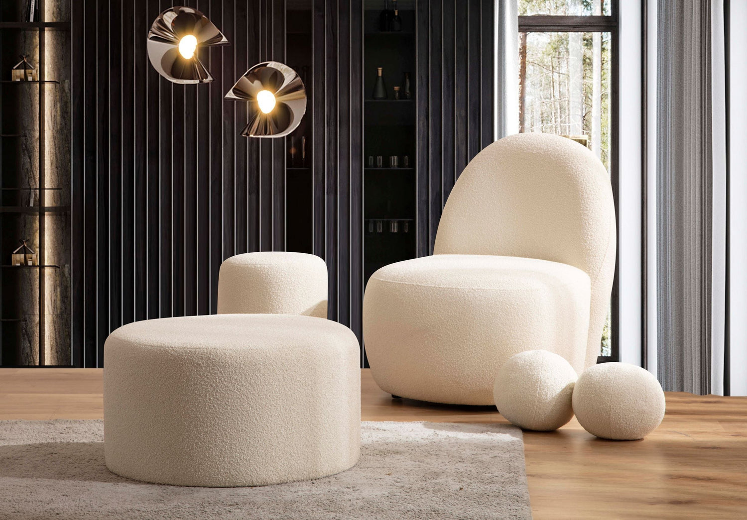 Cloe Ivory Boucle Round Ottoman - CLOEIVORY-OTT - Bien Home Furniture & Electronics