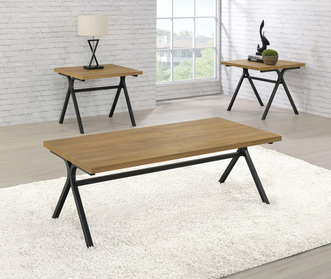 Colmar 3-Piece Trestle Occasional Table Set Golden Oak/Gunmetal - 753424 - Bien Home Furniture &amp; Electronics