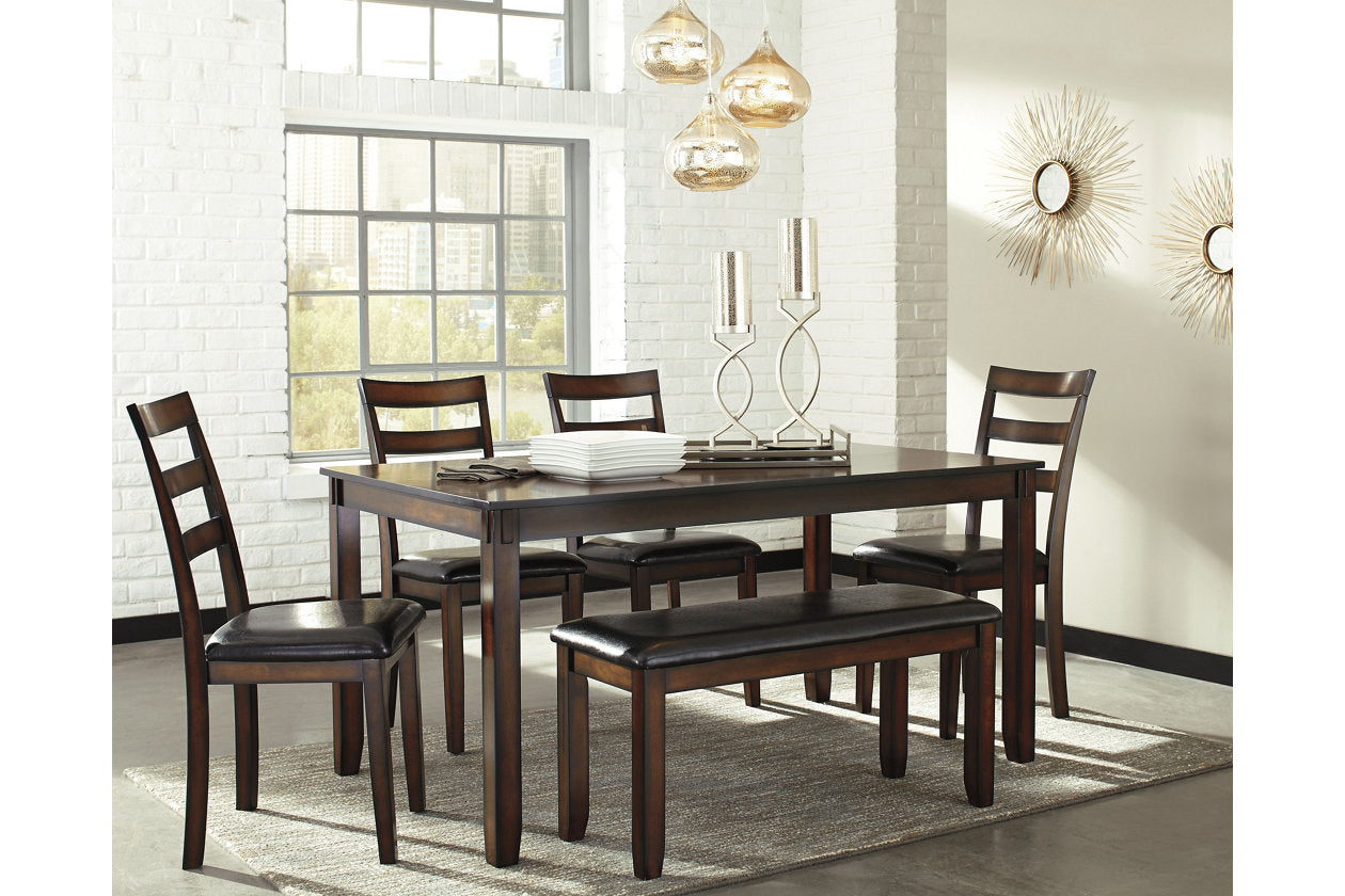 Coviar Brown Dining Table and Chairs with Bench, Set of 6 - D385-325 - Bien Home Furniture &amp; Electronics