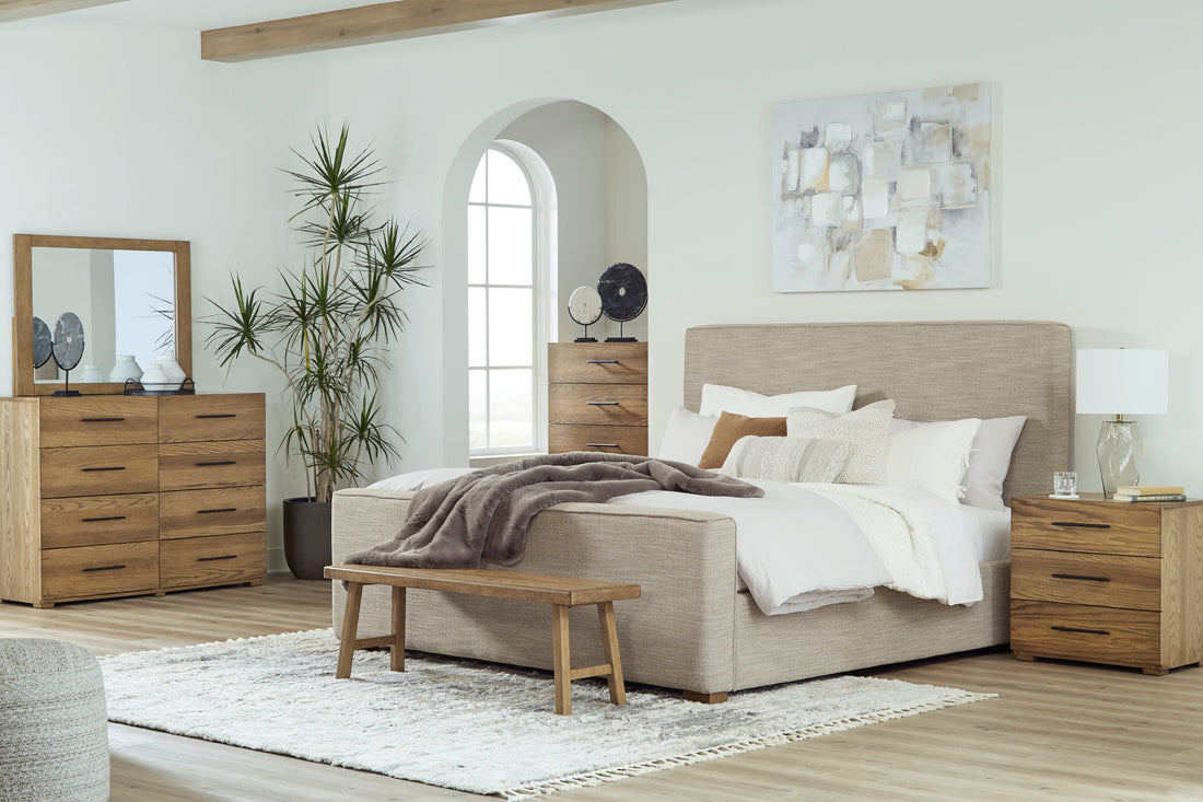 Dakmore Brown/Oatmeal Upholstered Panel Bedroom Set - SET | B783-81 | B783-97 | B783-93 | B783-46 - Bien Home Furniture &amp; Electronics