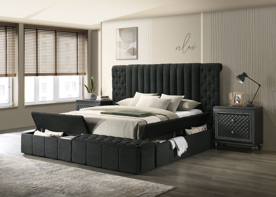 Danbury Charcoal Boucle Queen Upholstered Storage Panel Bed - SET | 5201CL-Q-HB | 5201CL-Q-FB | 5201CL-KQ-HBPL | 5201CL-KQ-RL-L | 5201CL-KQ-RL-R - Bien Home Furniture &amp; Electronics