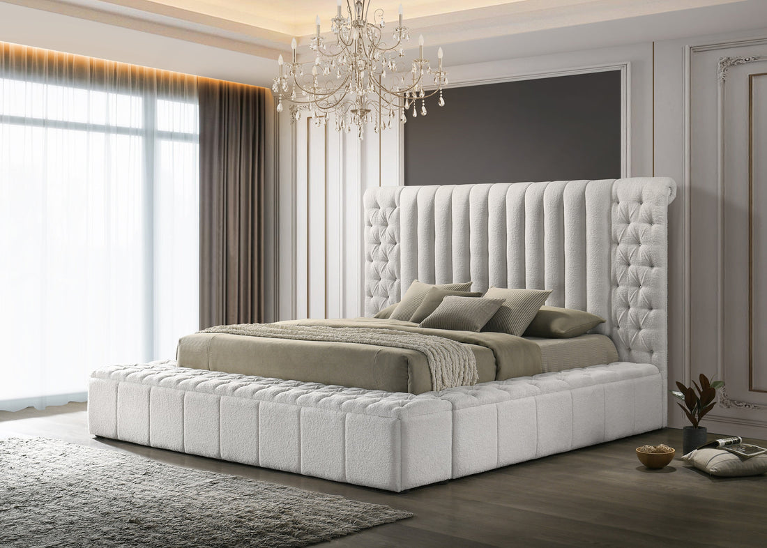 Danbury White Boucle Queen Upholstered Storage Panel Bed - SET | 5201WH-Q-HB | 5201WH-Q-FB | 5201WH-KQ-HBPL | 5201WH-KQ-RL-L | 5201WH-KQ-RL-R - Bien Home Furniture &amp; Electronics