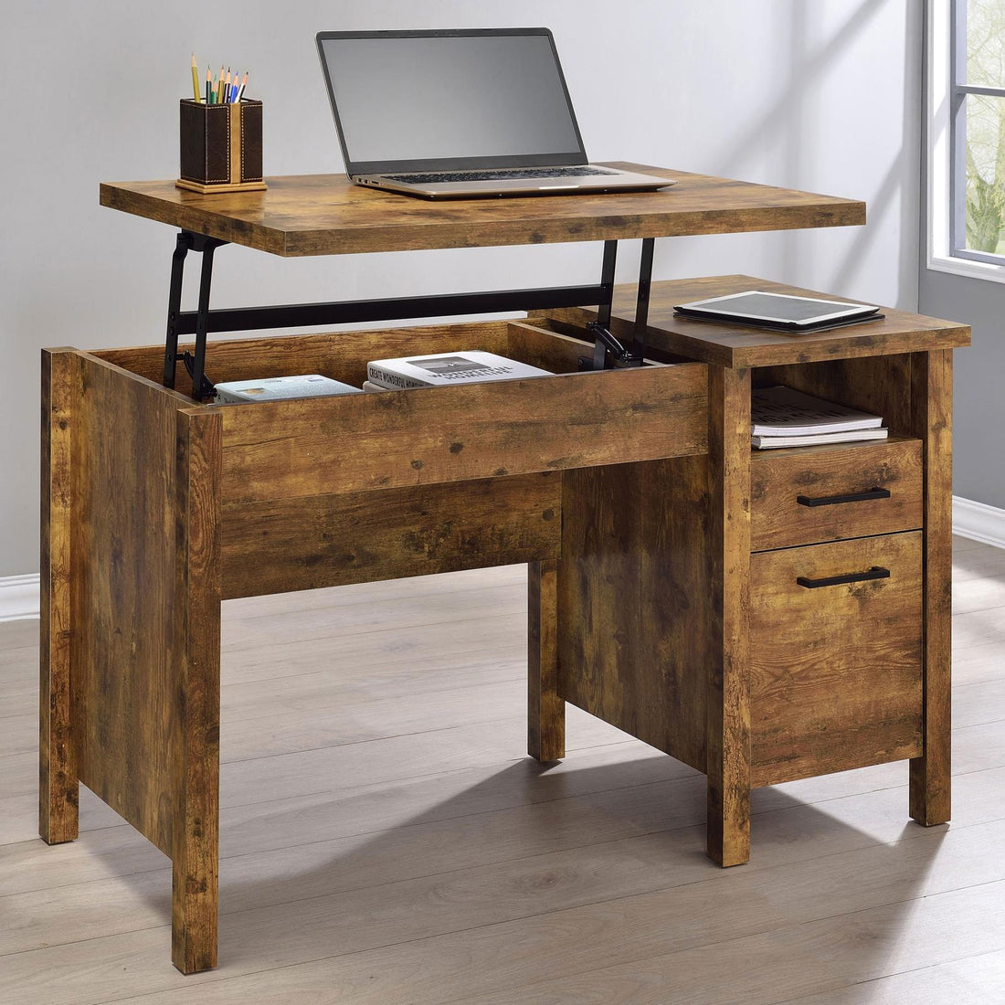 Delwin Antique Nutmeg Lift Top Office Desk with File Cabinet - 881240 - Bien Home Furniture &amp; Electronics