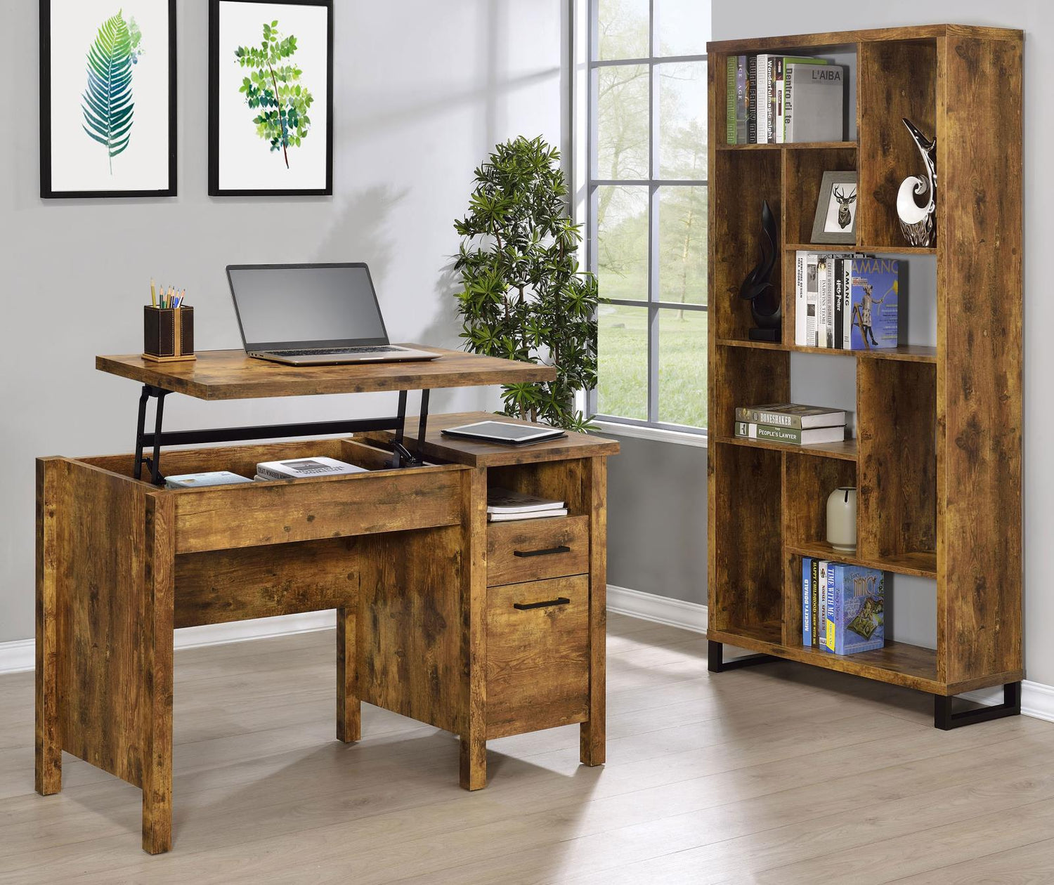 Delwin Antique Nutmeg Lift Top Office Desk with File Cabinet - 881240 - Bien Home Furniture & Electronics